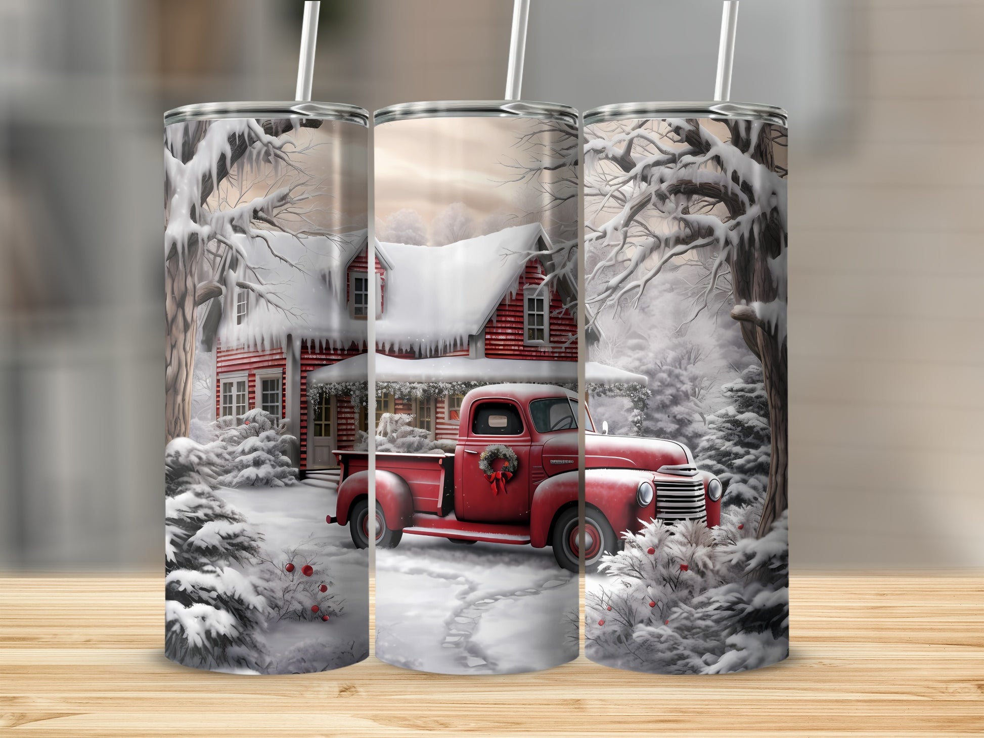 Winter Scene with Red Truck and House Tumbler Decor