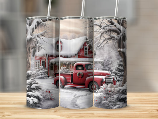 Winter Scene with Red Truck and House Tumbler Decor
