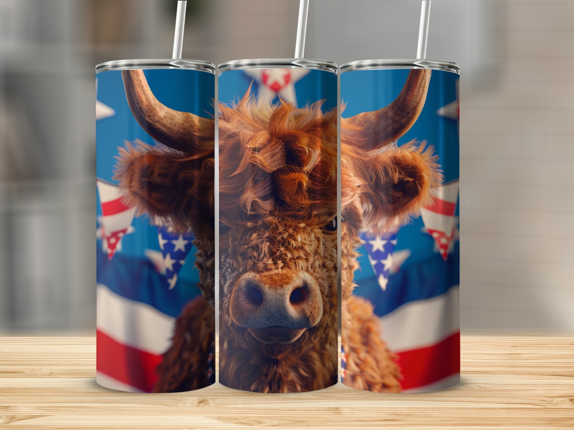 Highland cow with American flag bandana and patriotic stars and stripes.