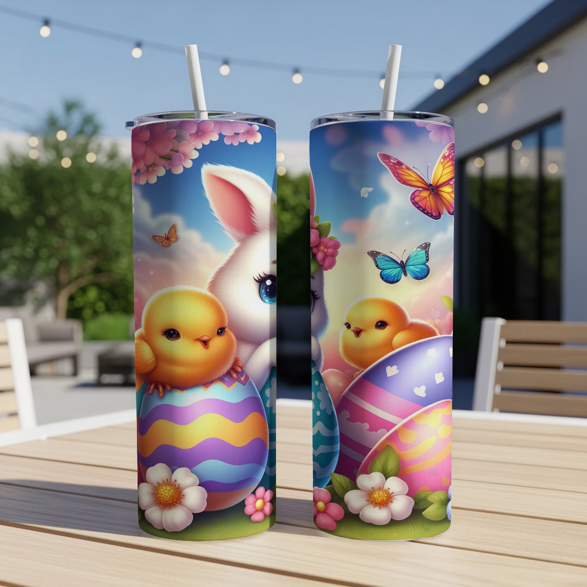 Easter chick and bunny with colorful eggs and butterflies on tumblers.