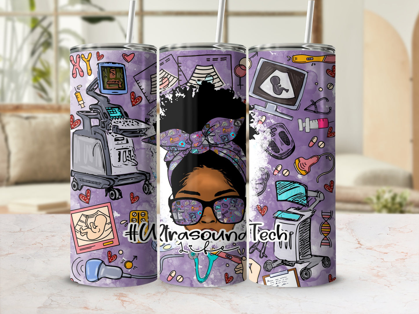 Ultrasound tech tumbler with purple background and medical illustrations.