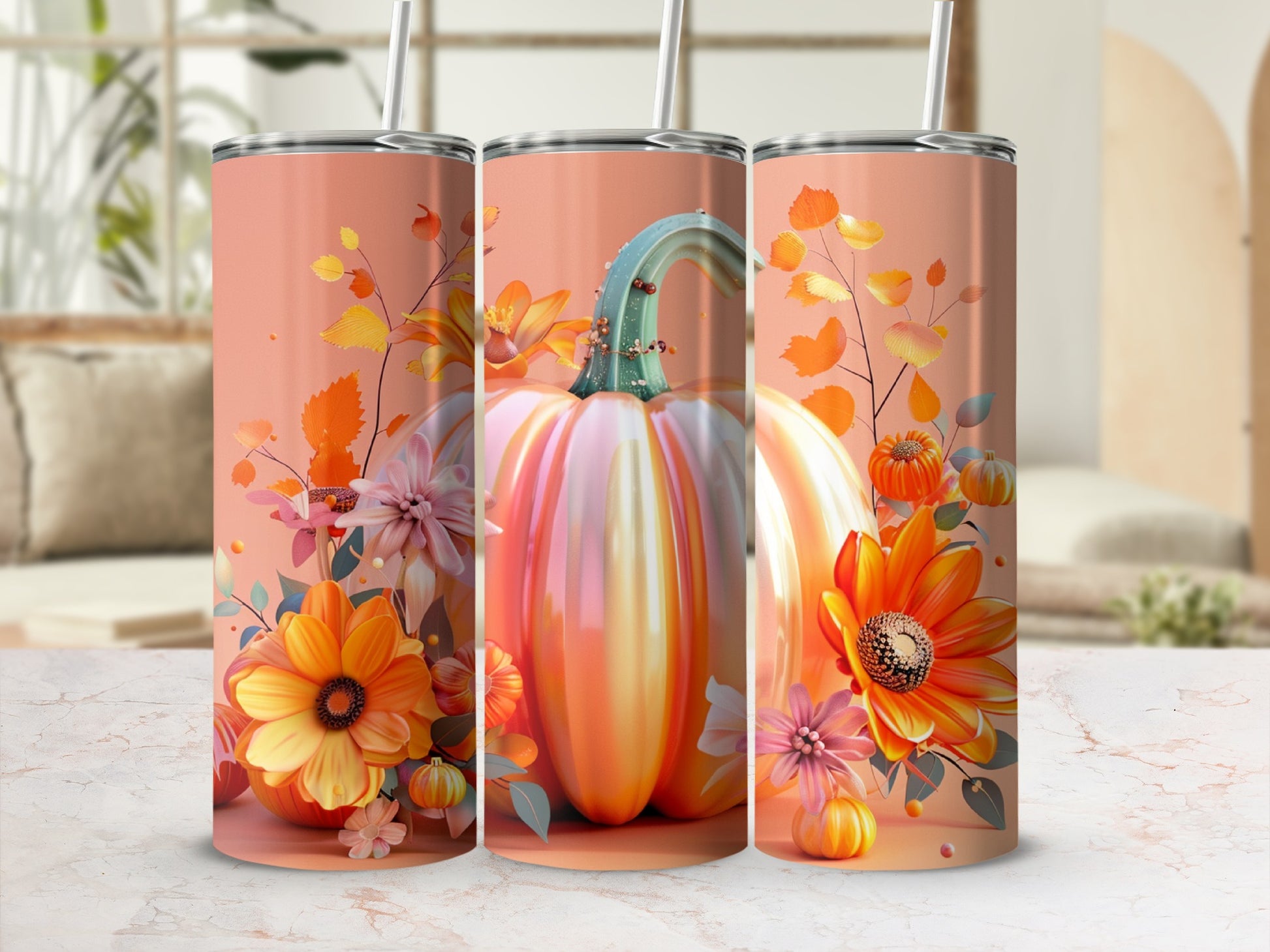 Three tumblers with pumpkin and floral fall design.