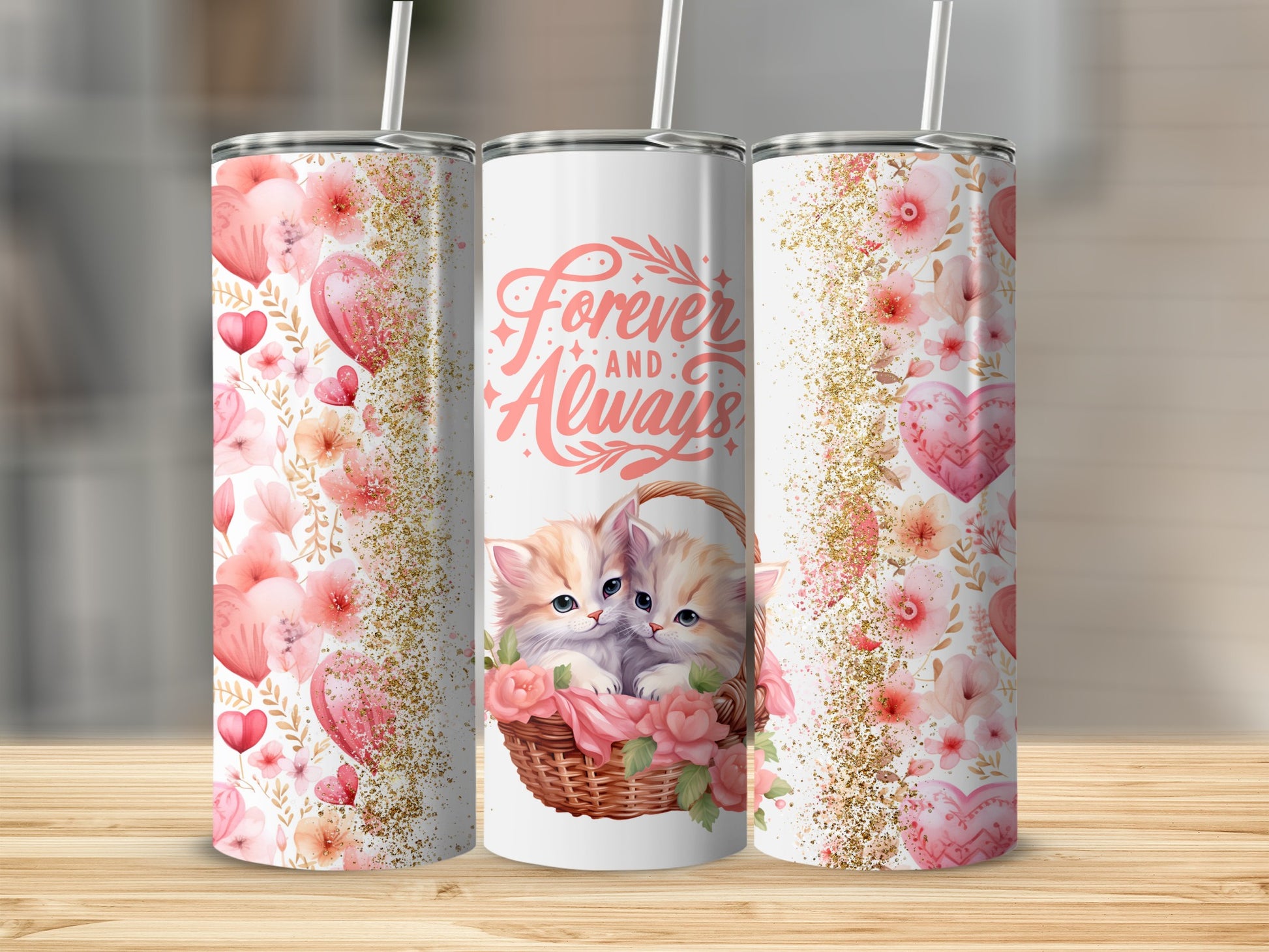 Forever and Always Heart and Kitten Theme Tumbler