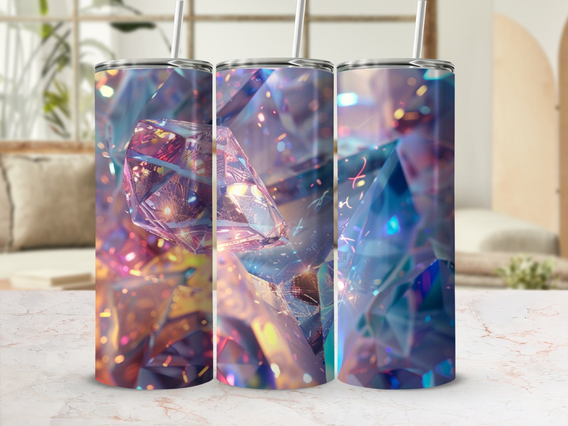 Three tumblers with a shimmering, prismatic diamond design.