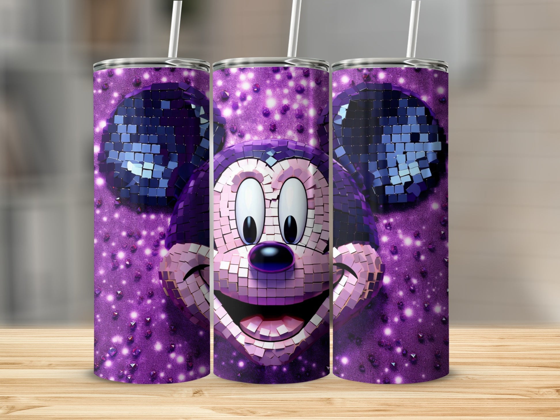 Sparkling Disco Mouse Tumbler with Purple Background