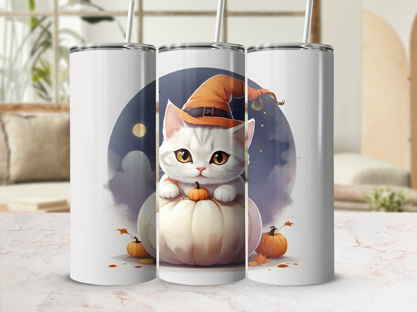Cute white kitten in witch hat sits on pumpkin, surrounded by fall decorations.