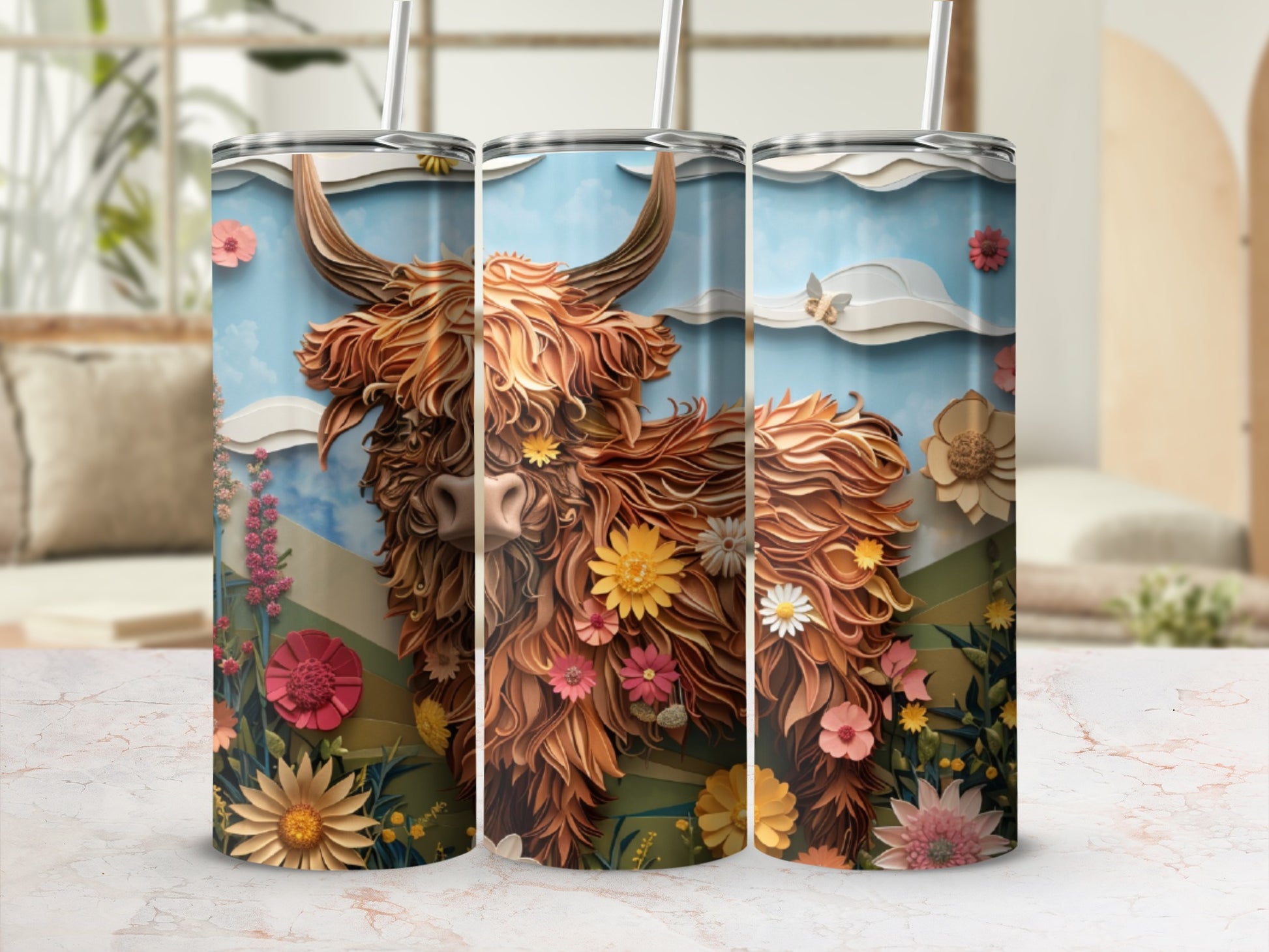 Highland cow with floral accents on a rustic background.