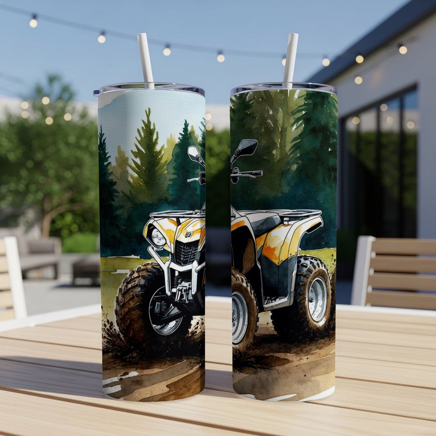 Yellow ATV in muddy terrain, watercolor style, on two tumblers.