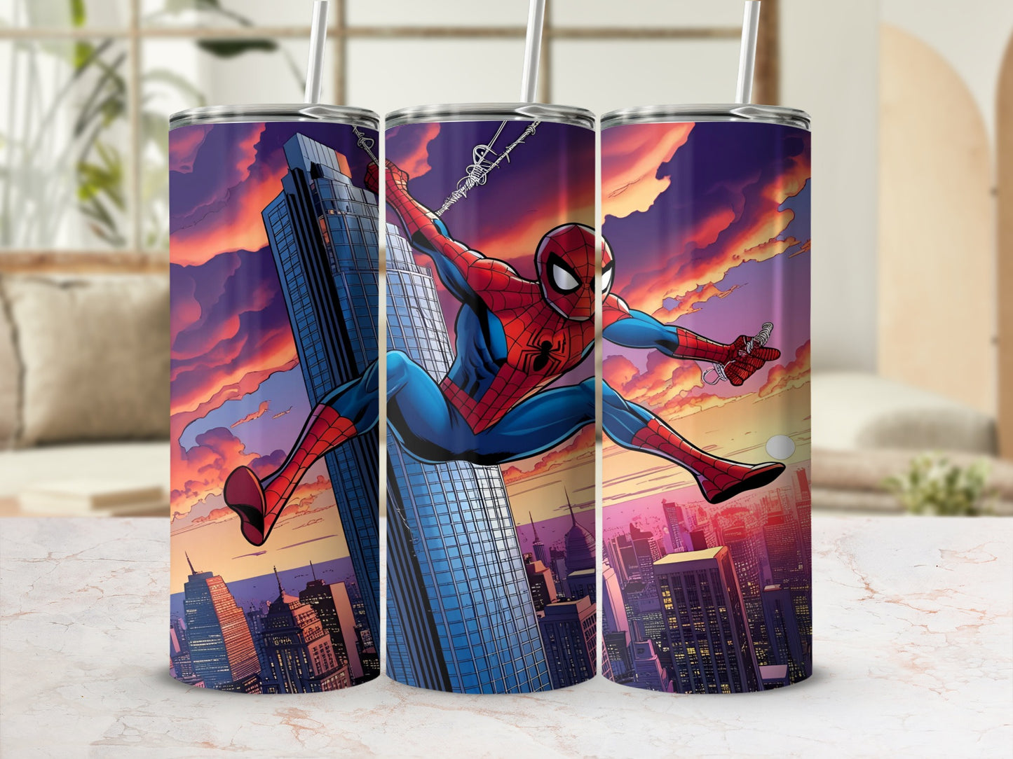 Spiderman swings between skyscrapers against a colorful sunset sky.