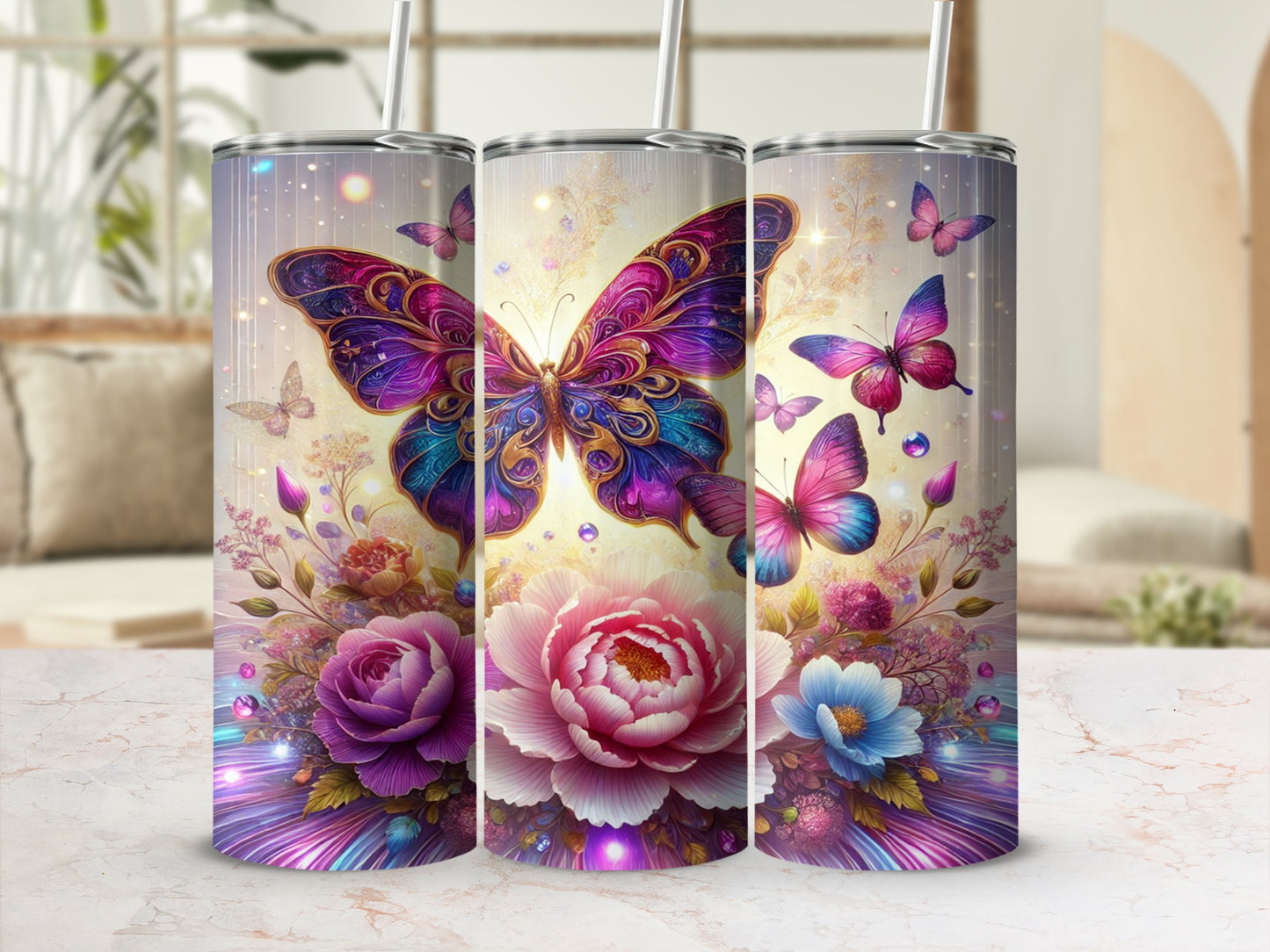 Colorful Butterfly and Flower Design Tumbler