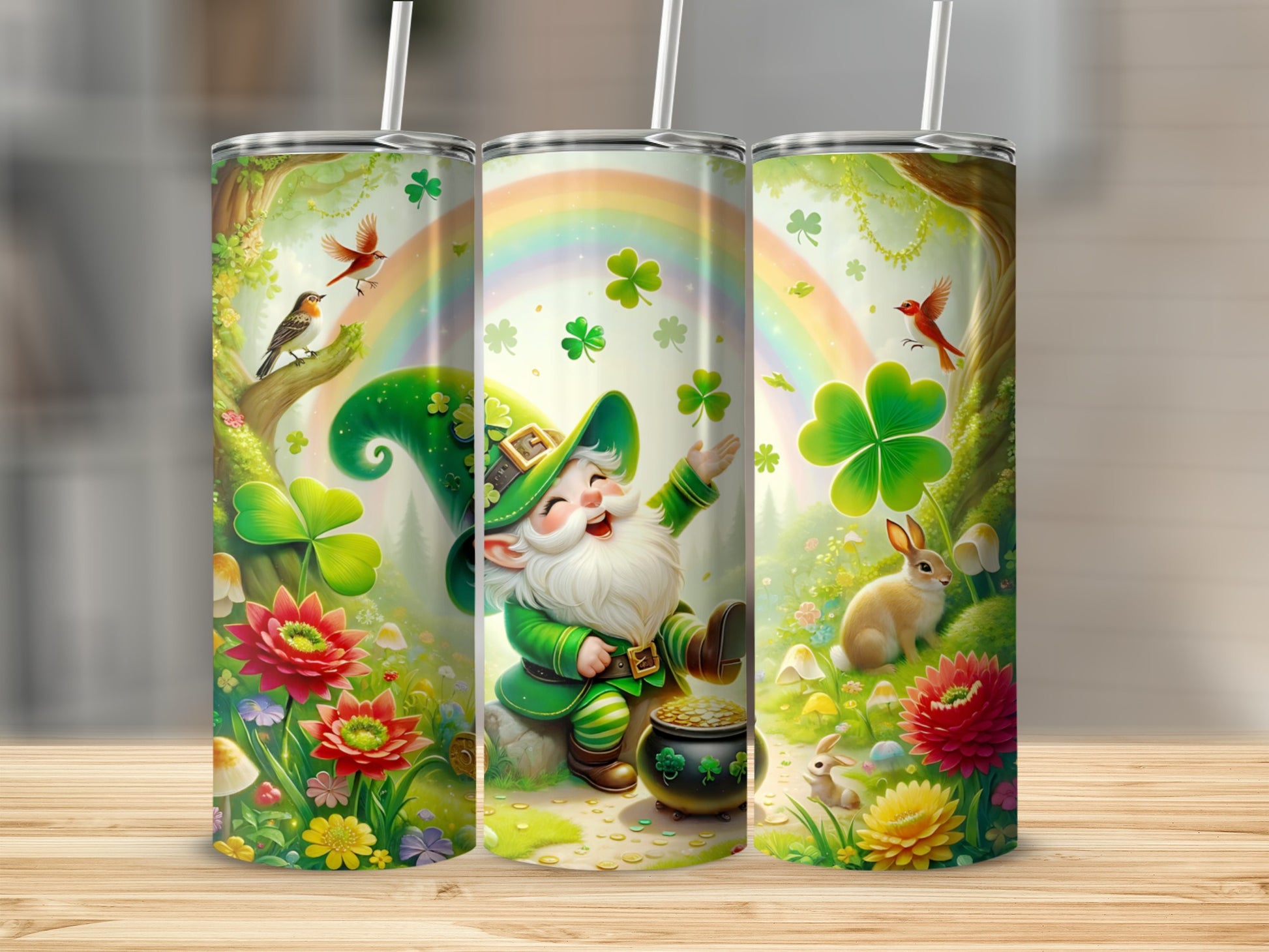 Leprechaun with shamrocks and rainbow on a nature scene tumbler.