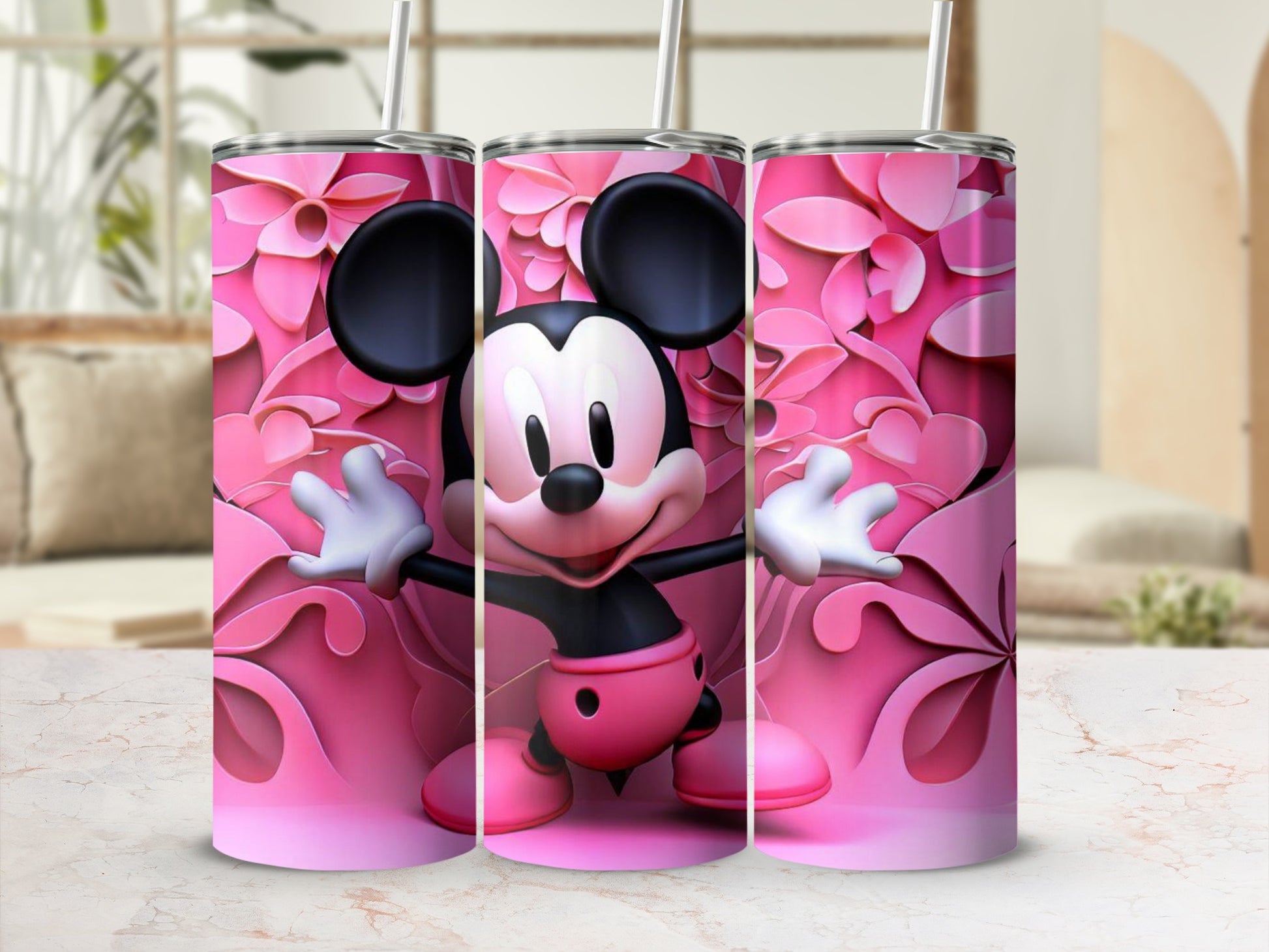 Pink Floral Mickey Mouse Tumbler for Kids and Adults