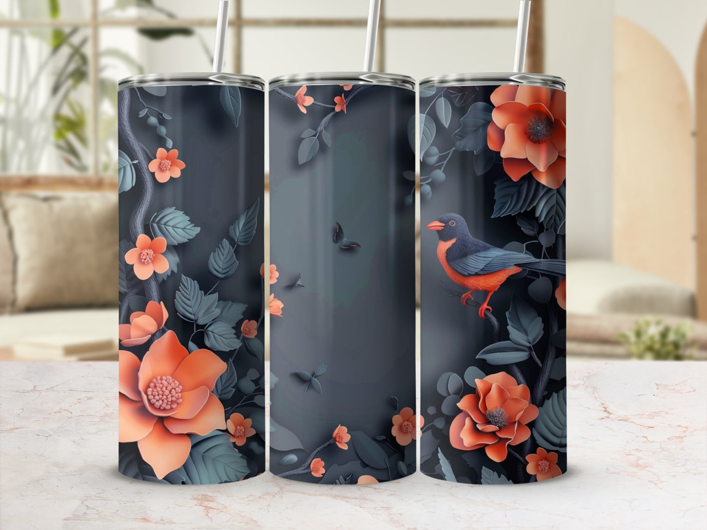 Tumbler with orange flowers and a blue bird on a dark background.
