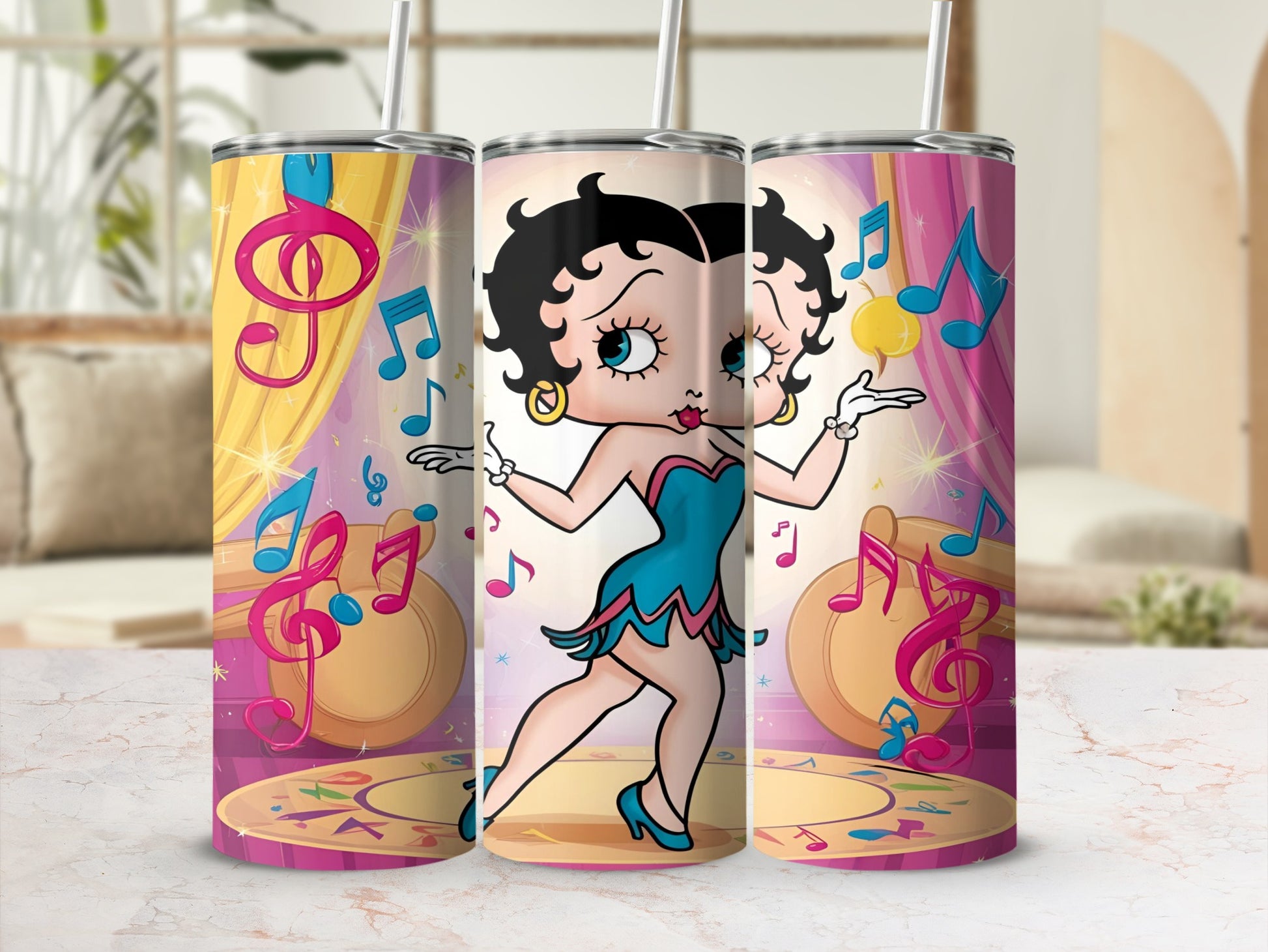 Betty Boop dancing with musical notes and spotlights on a stage.