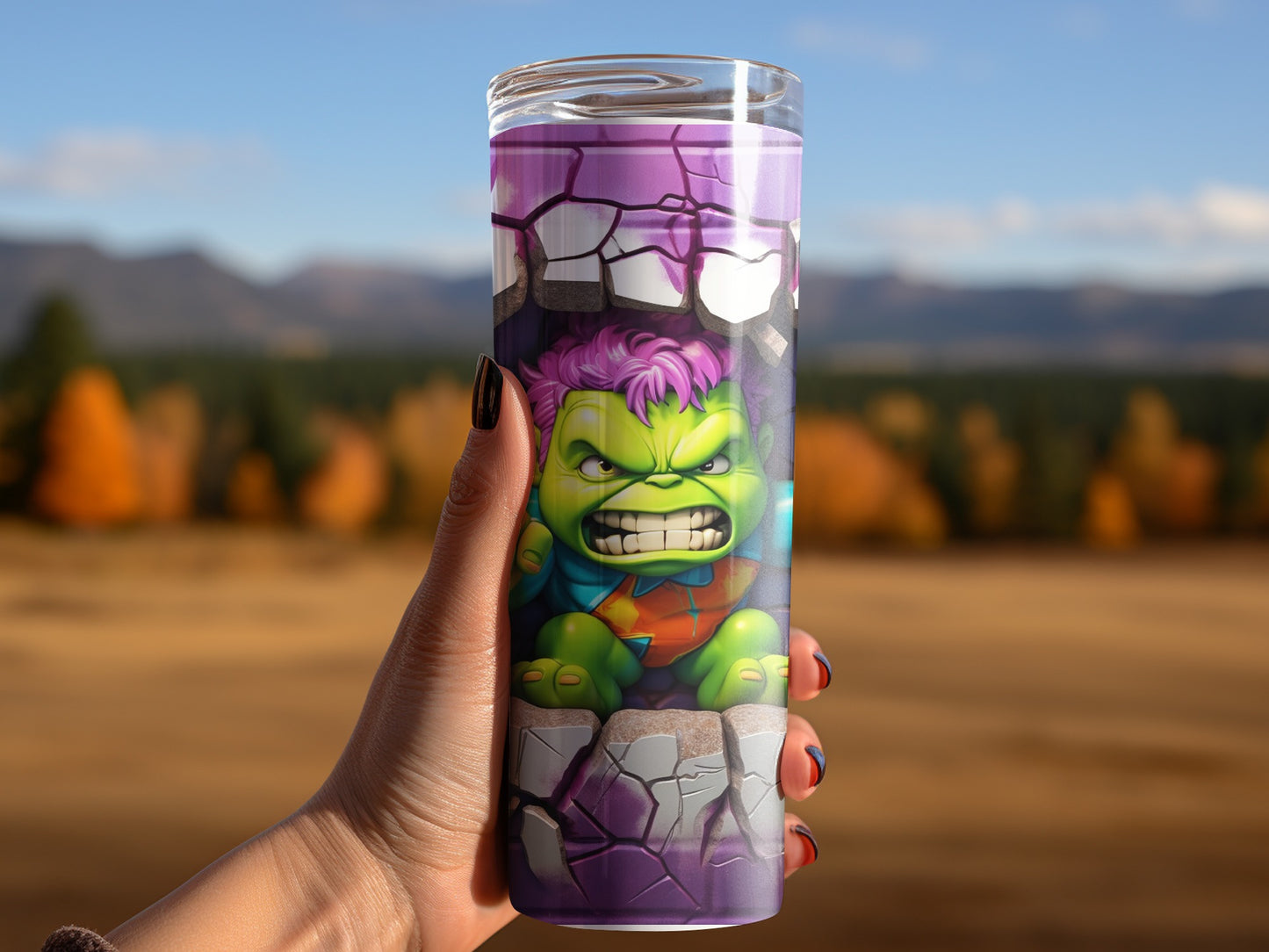 Cartoon green character purple mountain travel mug