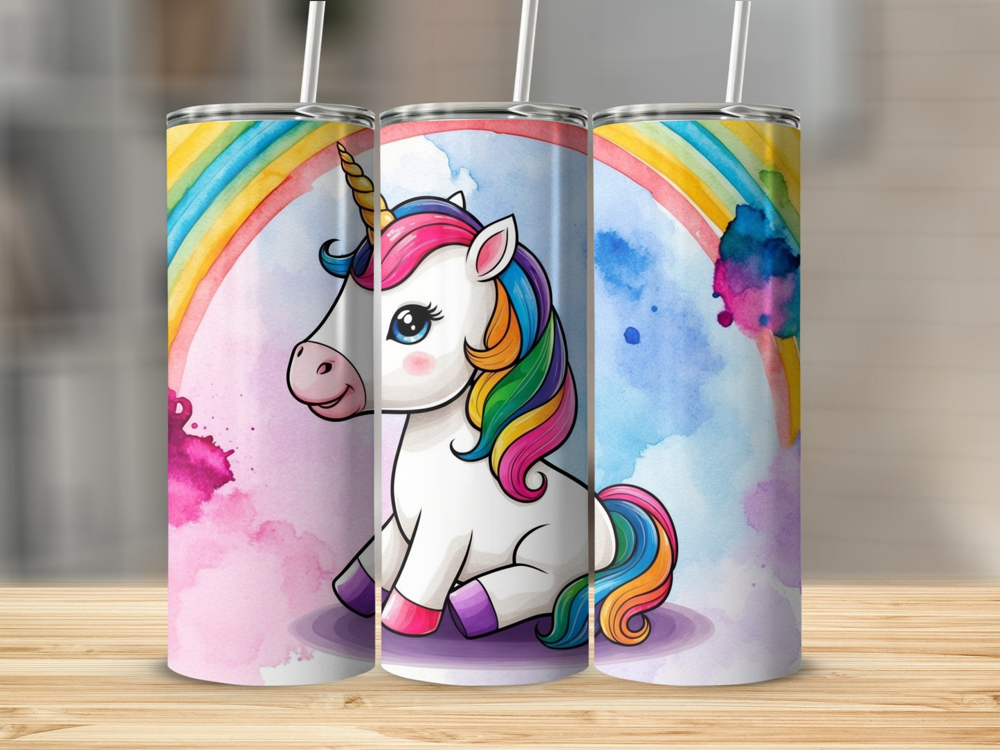 White unicorn with rainbow mane and tail sits by a watercolor rainbow.
