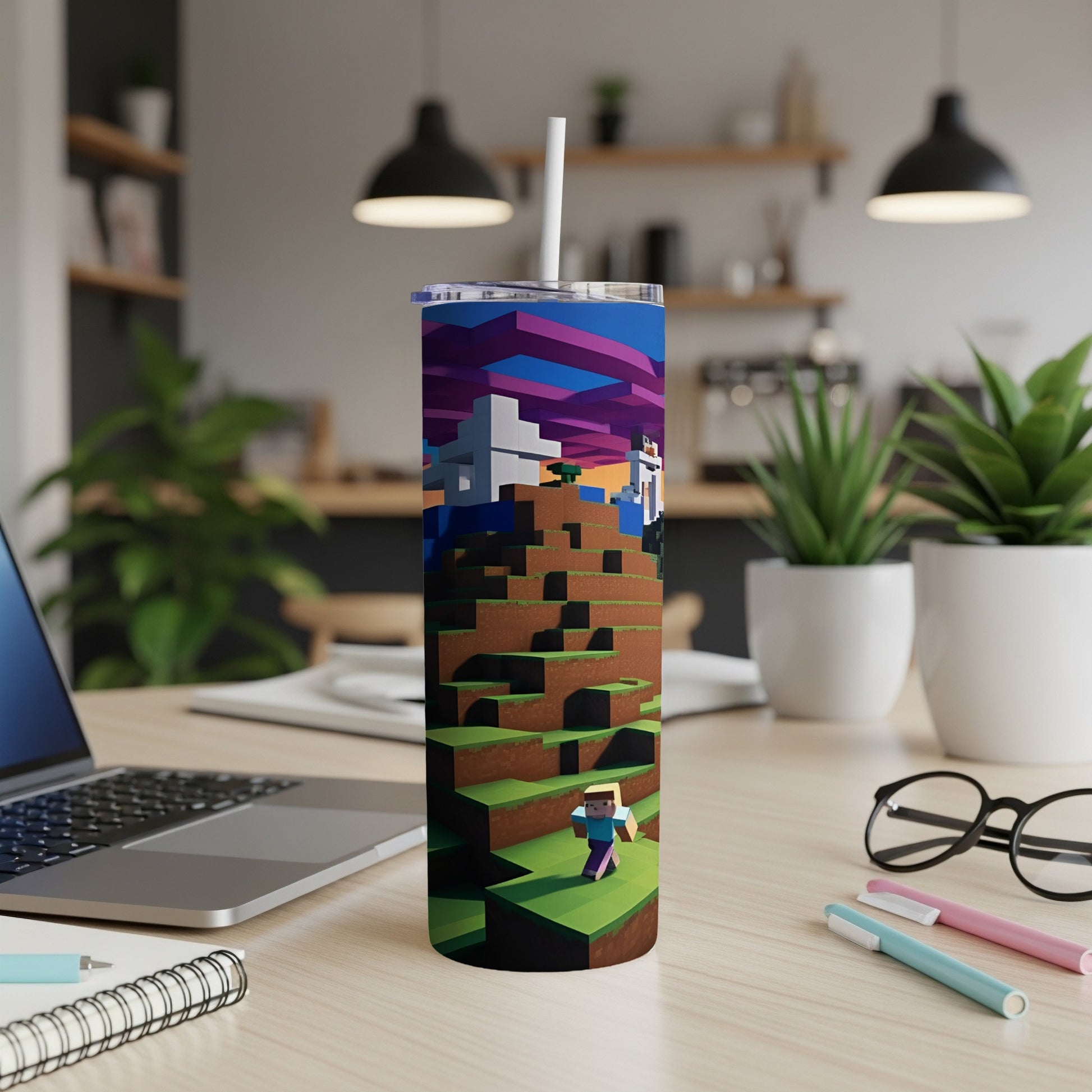 Minecraft landscape on a skinny tumbler with a white straw.