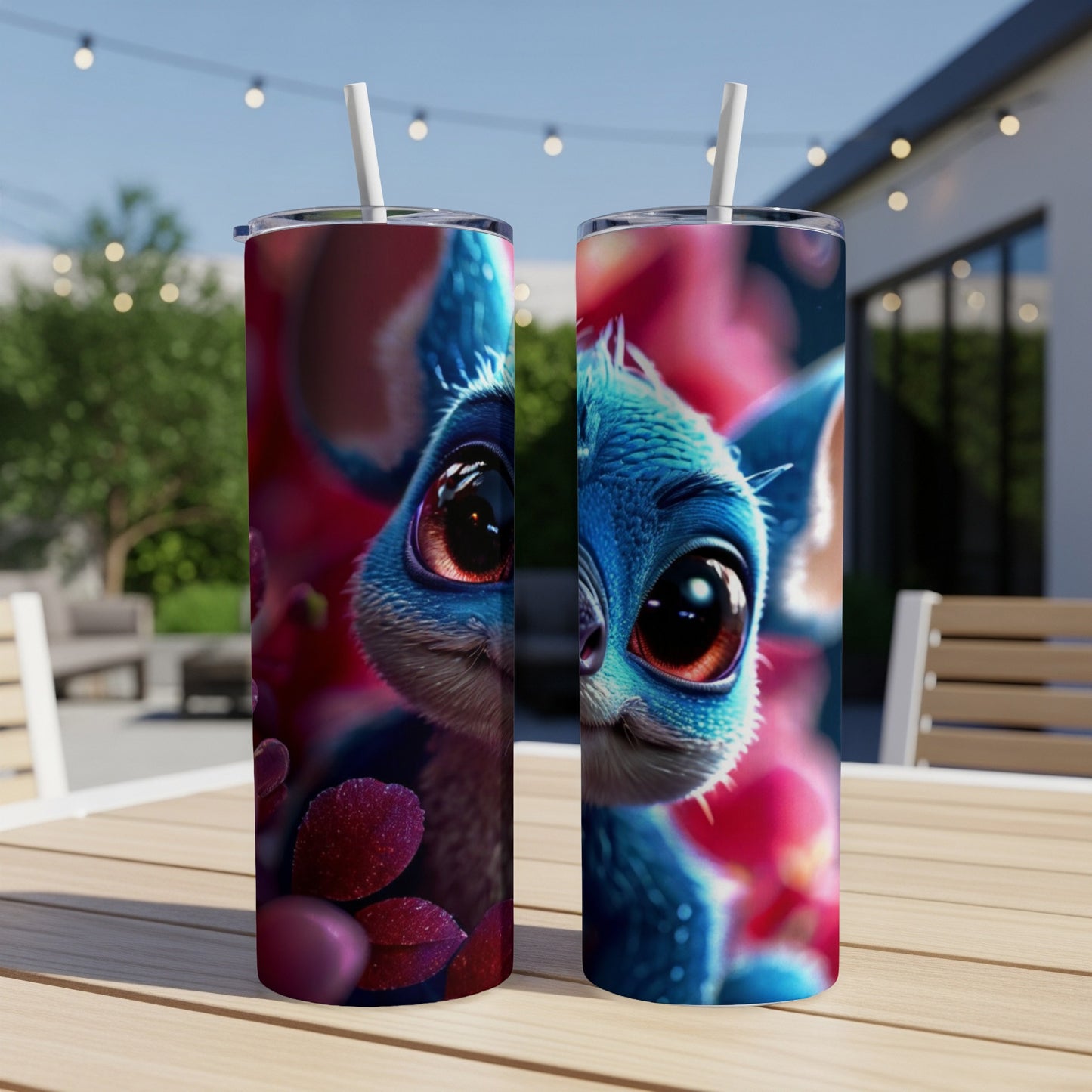 Blue cartoon creature with large eyes on two identical tumblers with floral background.