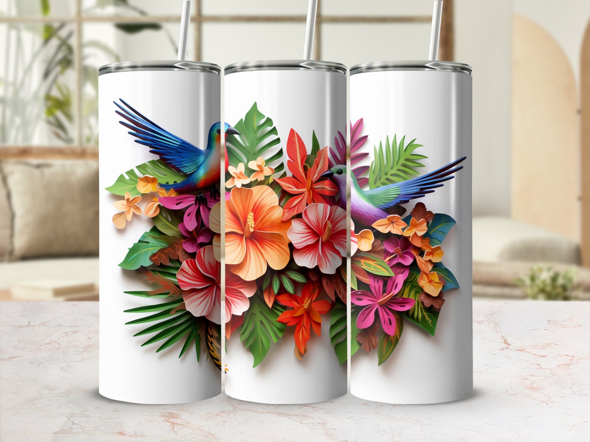 Vibrant Floral Hummingbird Design Insulated Tumbler