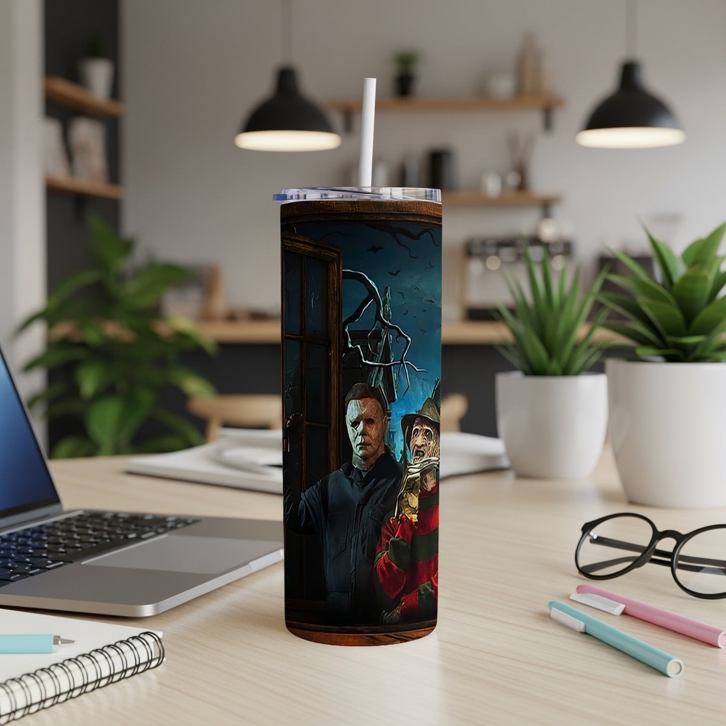 Halloween tumbler featuring Michael Myers, Freddy Krueger, and a ghost.