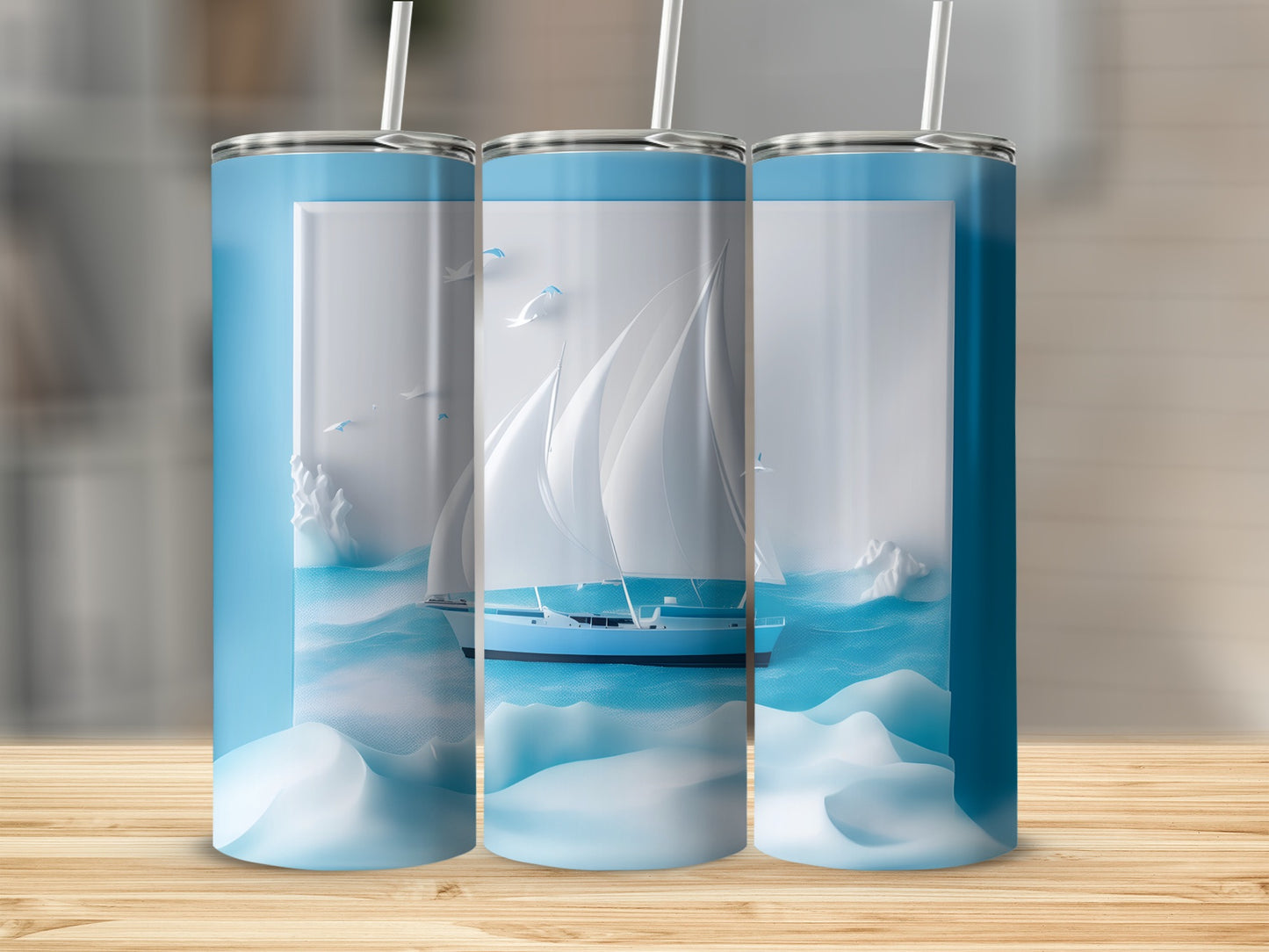 Blue and white sailboat on wavy ocean with icebergs and birds.