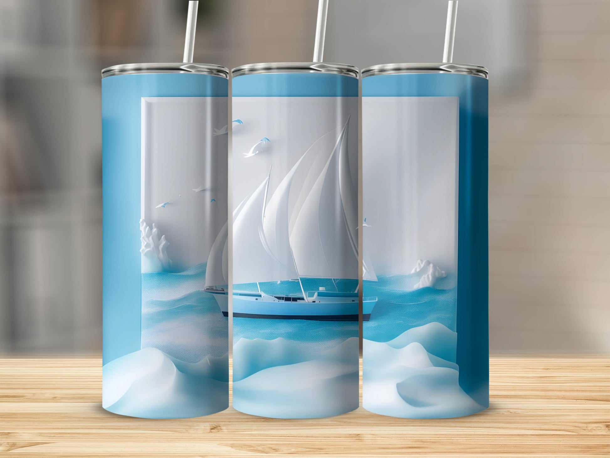 Blue and white sailboat on wavy ocean with icebergs and birds.