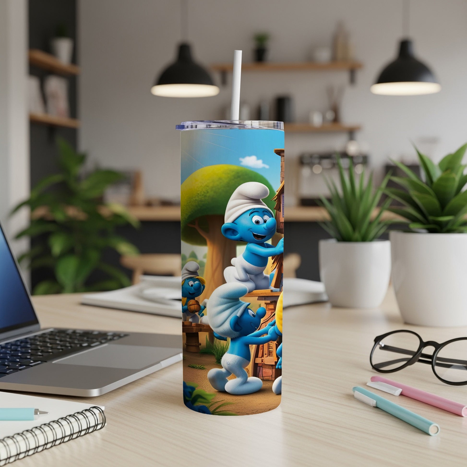 Smurfs climbing a structure on a colorful tumbler.