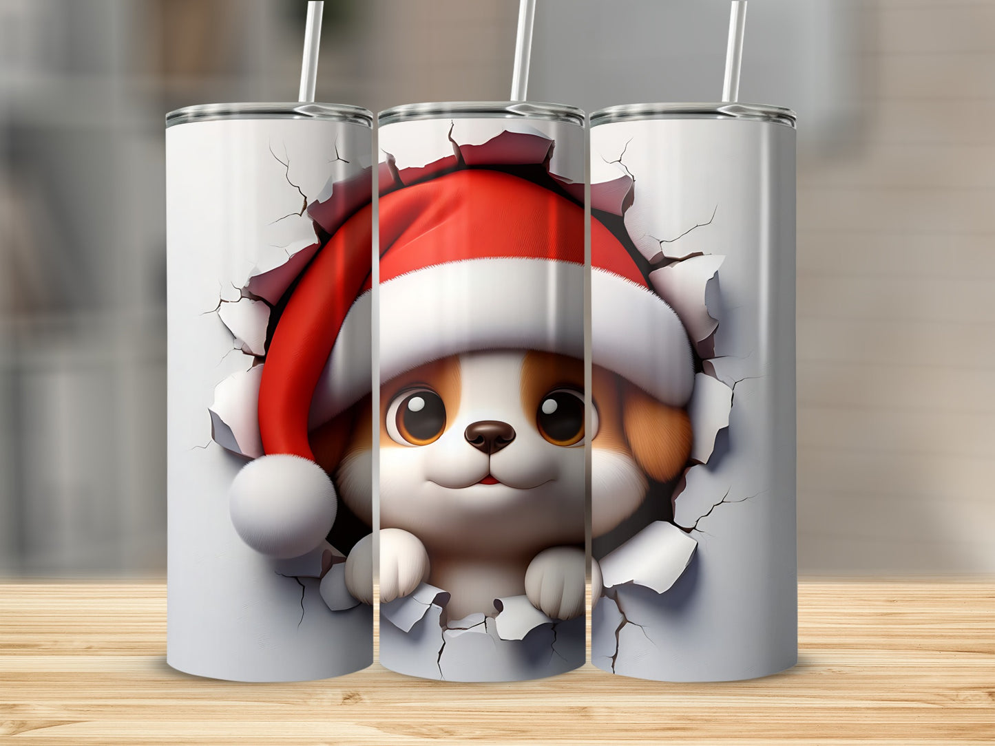 Cute cartoon puppy with Santa hat peeking through torn paper.