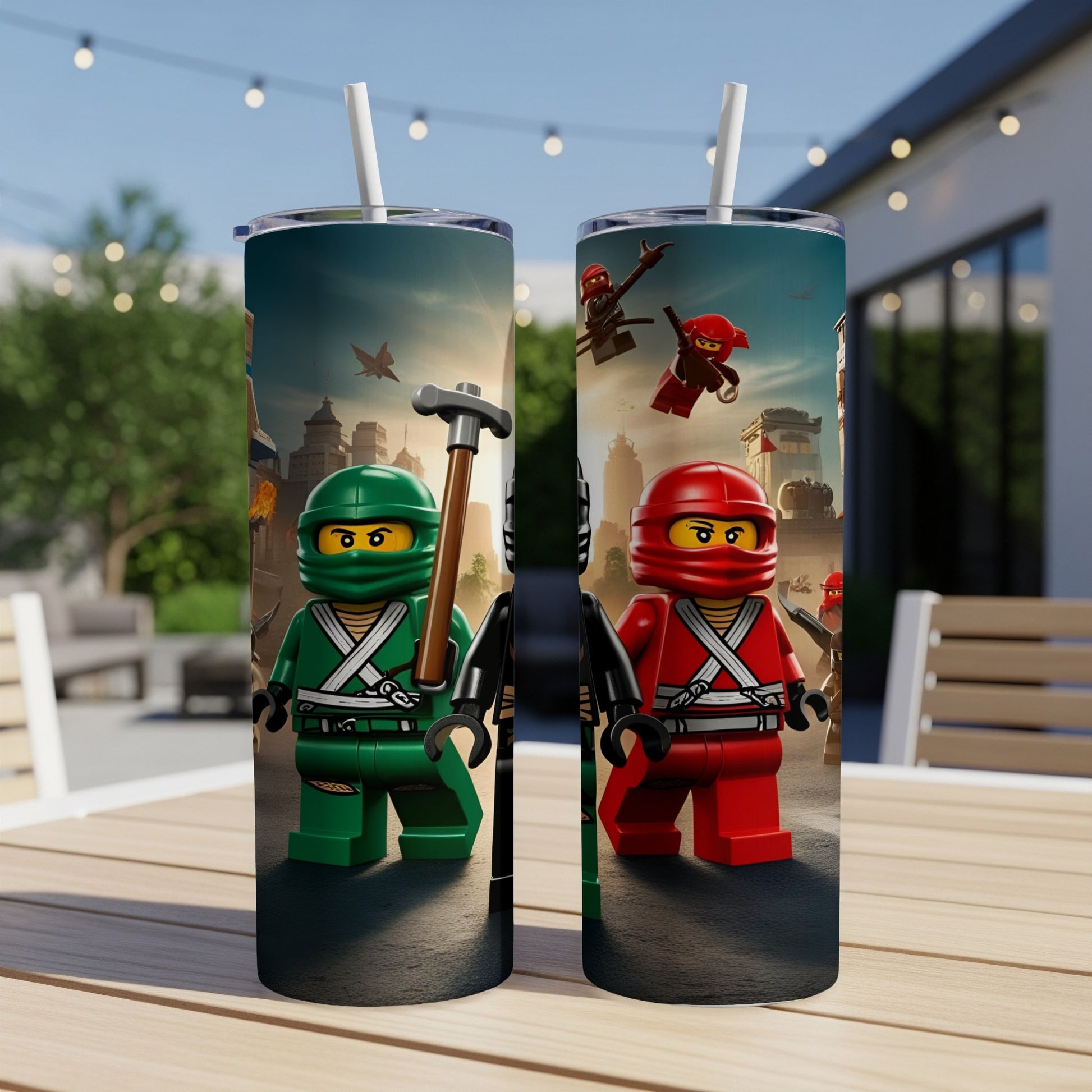 Two Lego Ninjago characters, green and red, stand on a table.