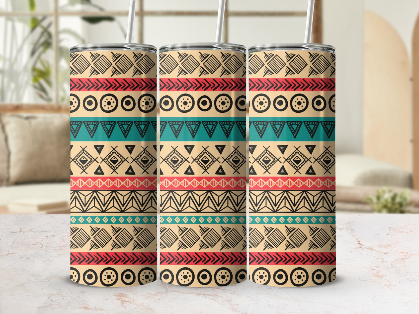 Vibrant Tribal Pattern Tumbler with Straw