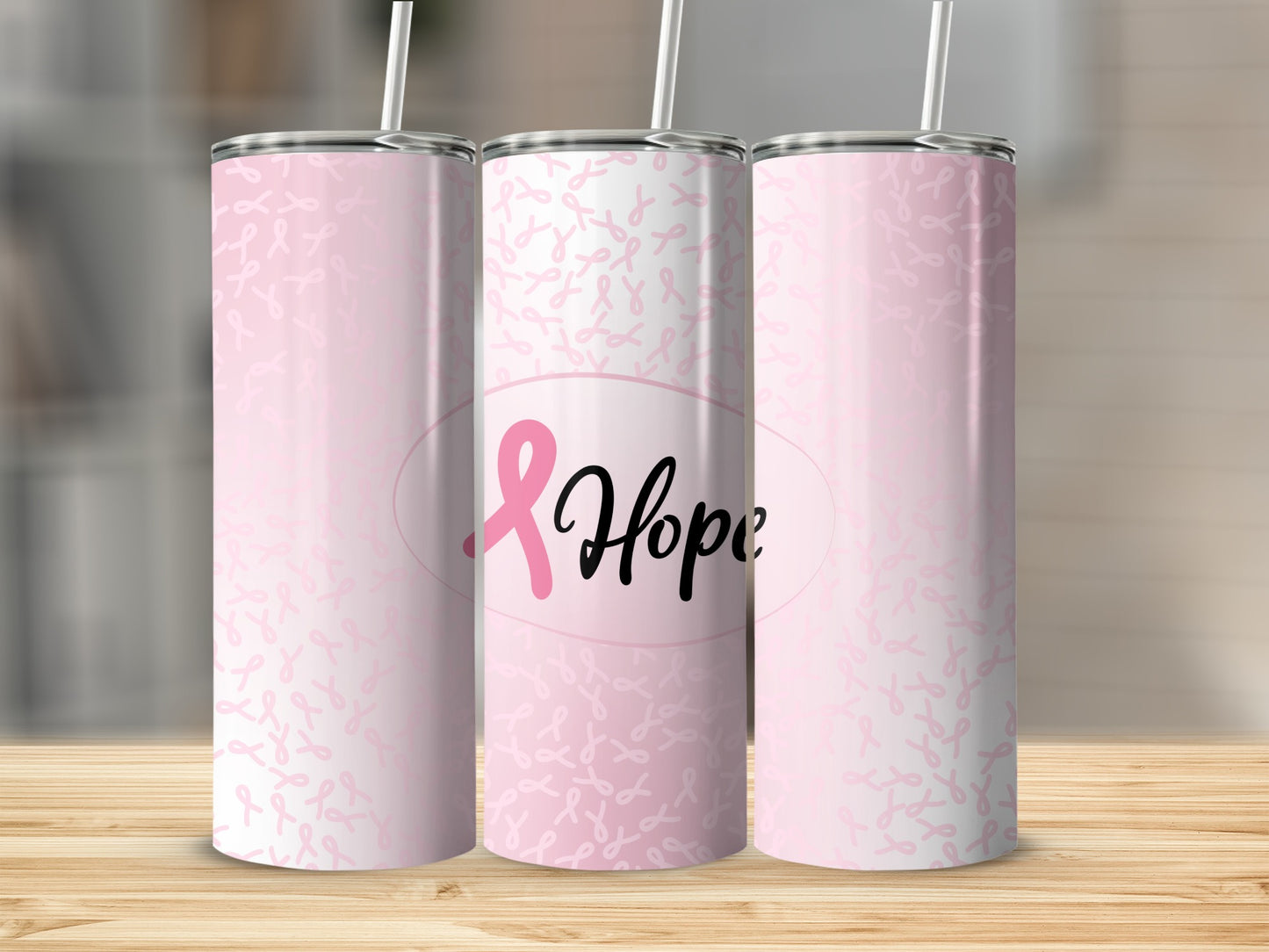 Pink gradient tumbler with repeating pink ribbon pattern and "Hope" text.
