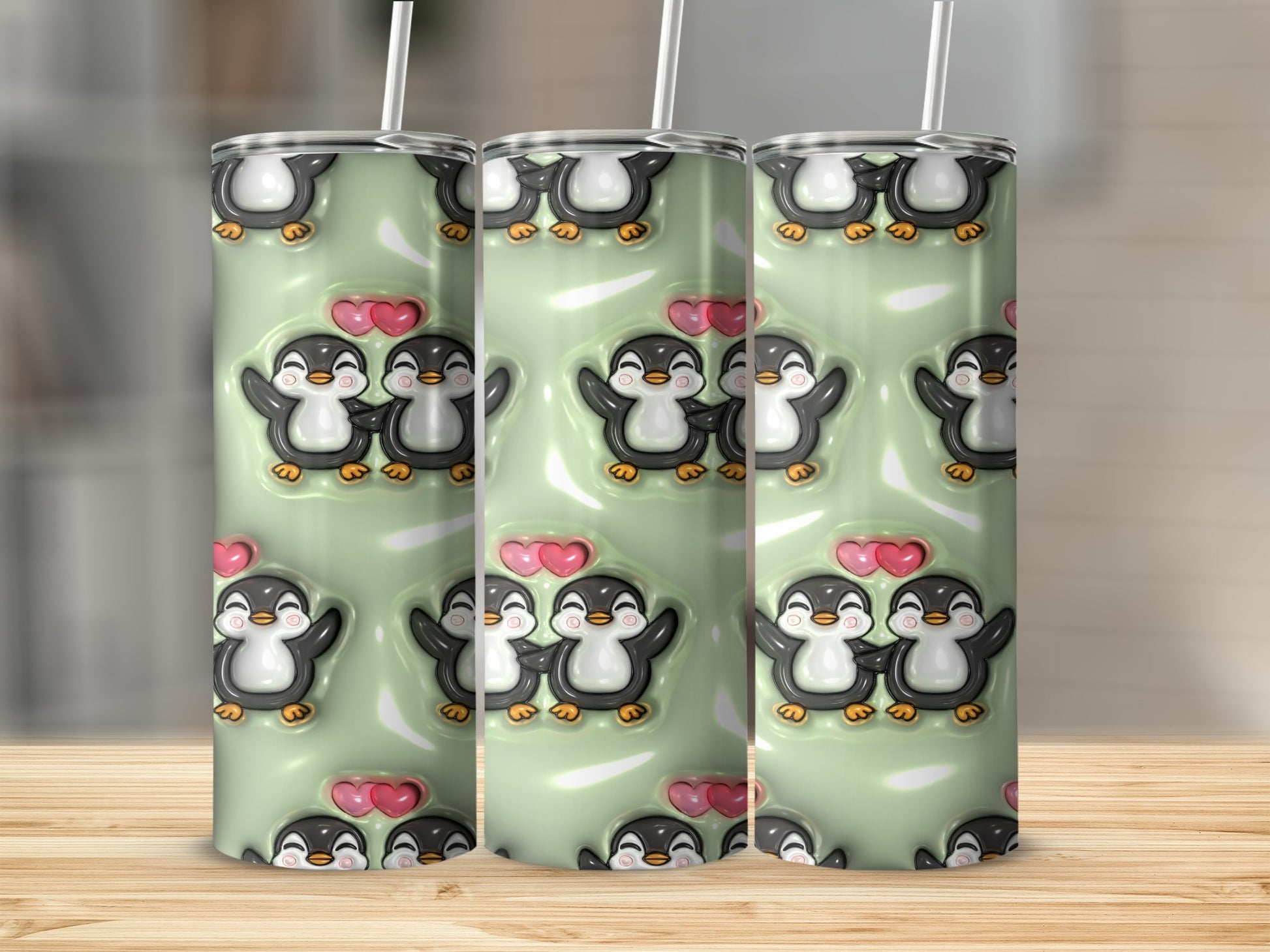 Cute Penguins with Pink Hearts Design Tumbler