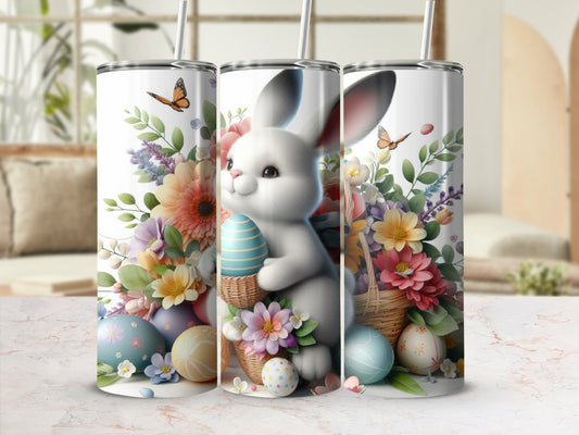 White bunny with Easter eggs and flowers in baskets.
