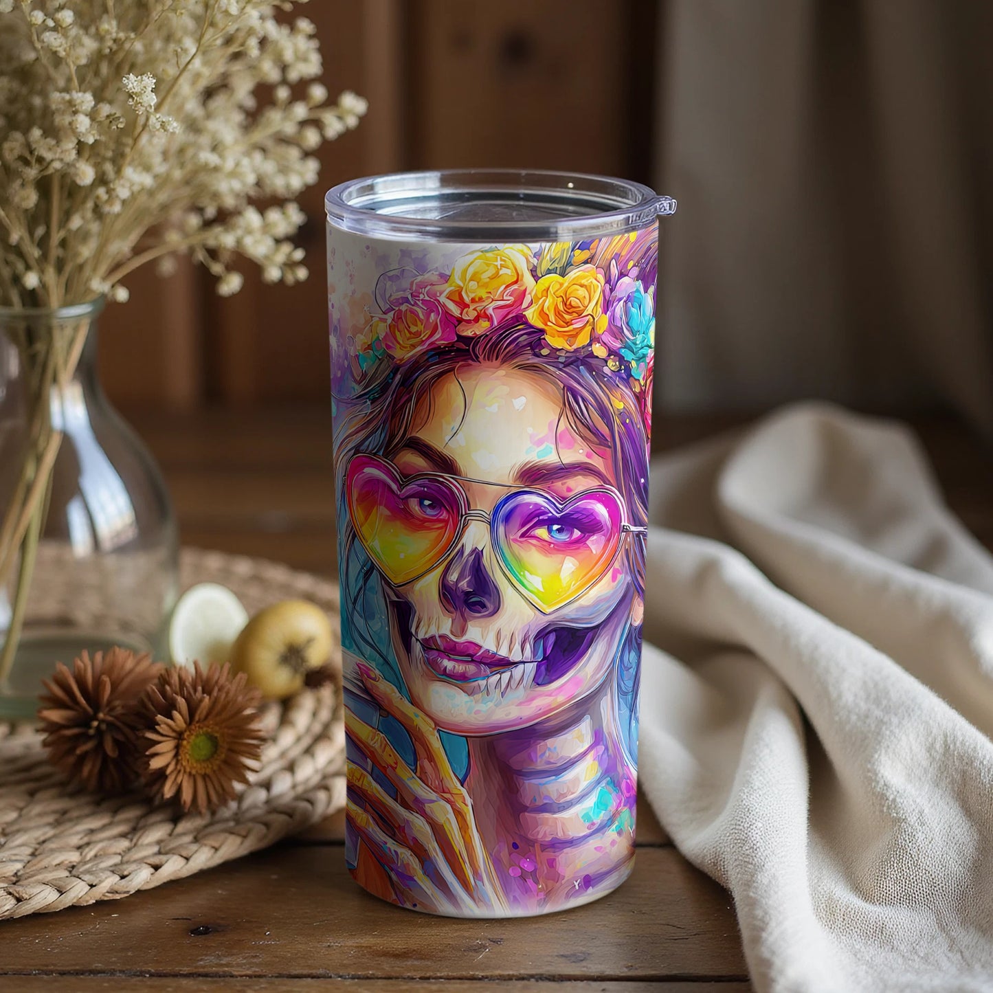Vibrant Colorful Skull with Heart Glasses Tumbler