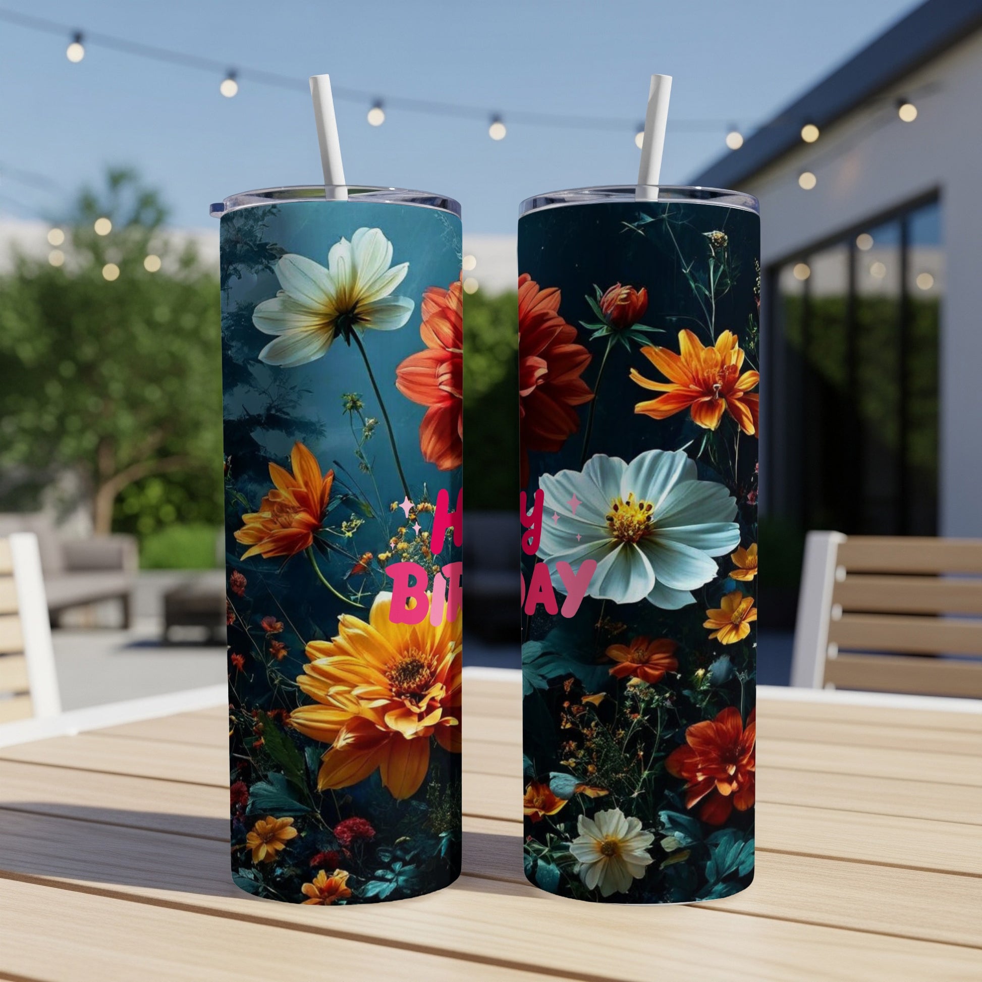 Two tumblers with colorful floral patterns and "Happy Birthday" text.