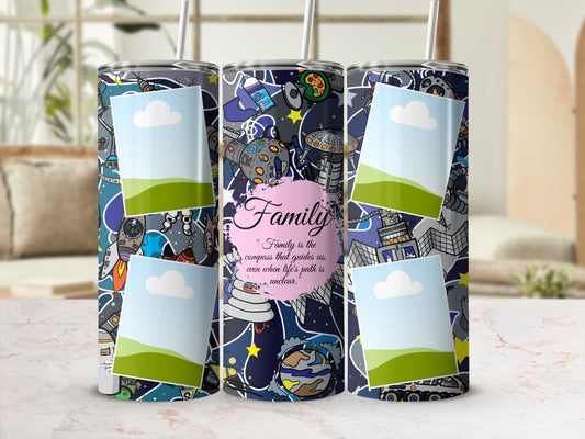 Three tumblers with space-themed designs and photo frame placeholders.