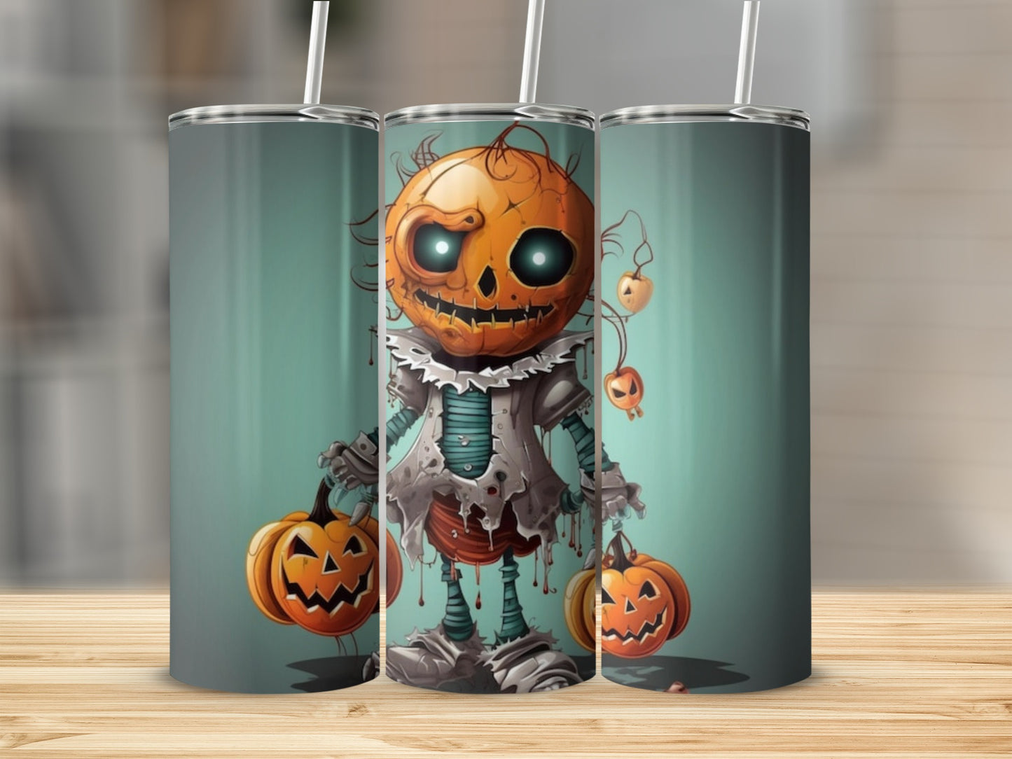 Three tumblers featuring a spooky jack-o'-lantern character holding pumpkins.