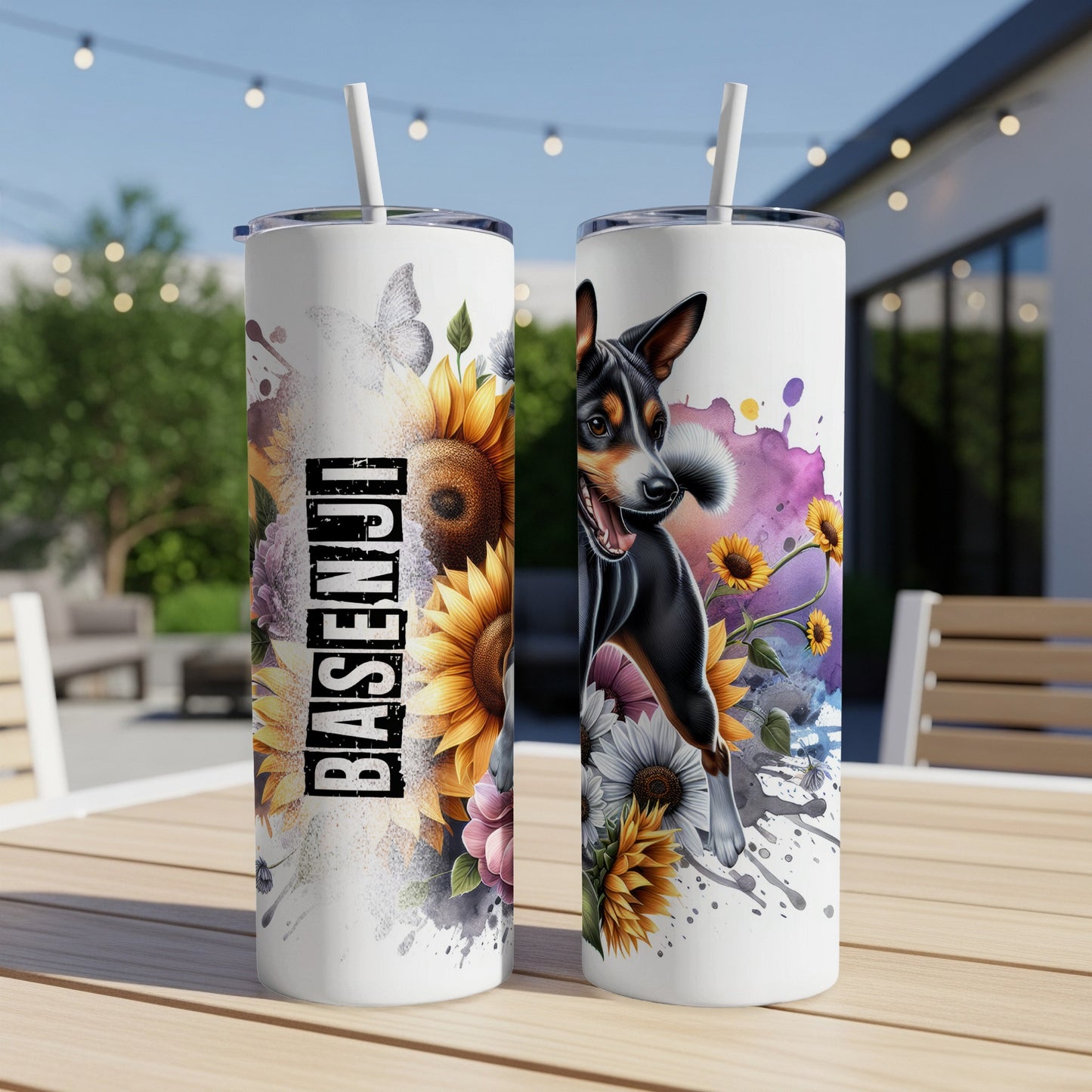 Two Basenji dog tumblers with sunflowers and watercolor accents.