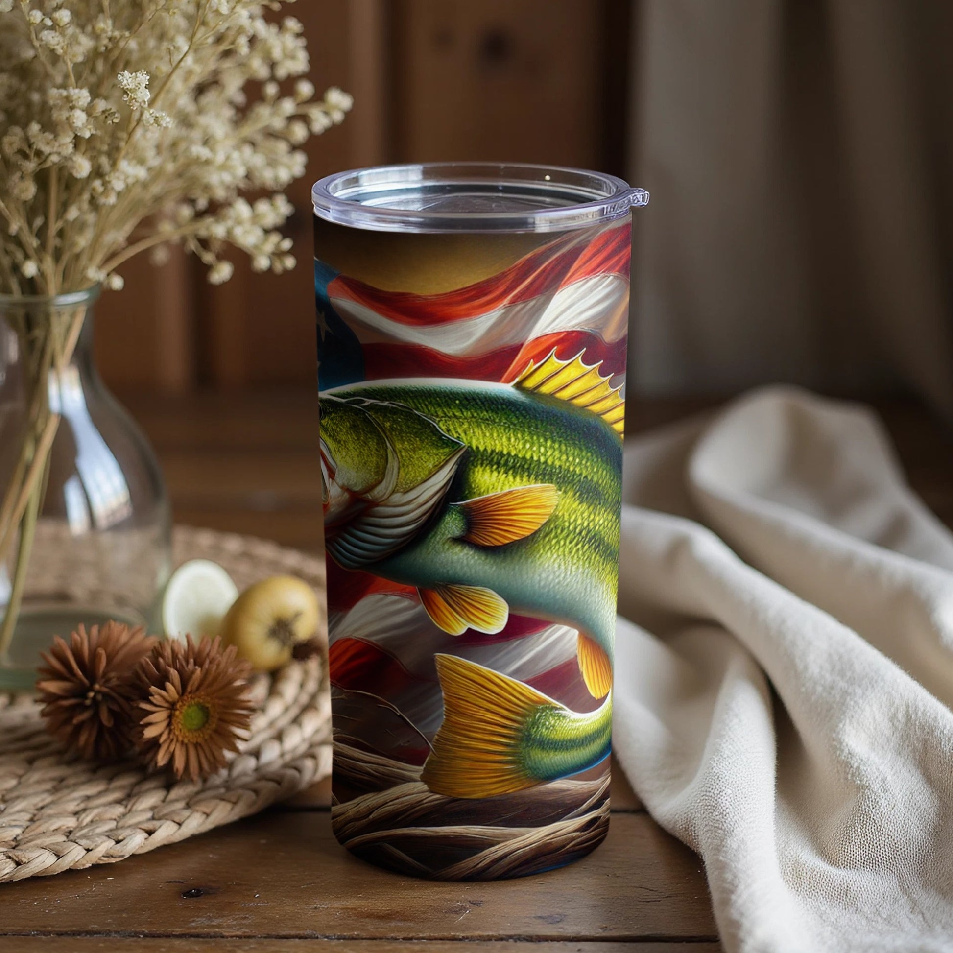 Colorful Fish Artwork Tumbler with American Flag Design