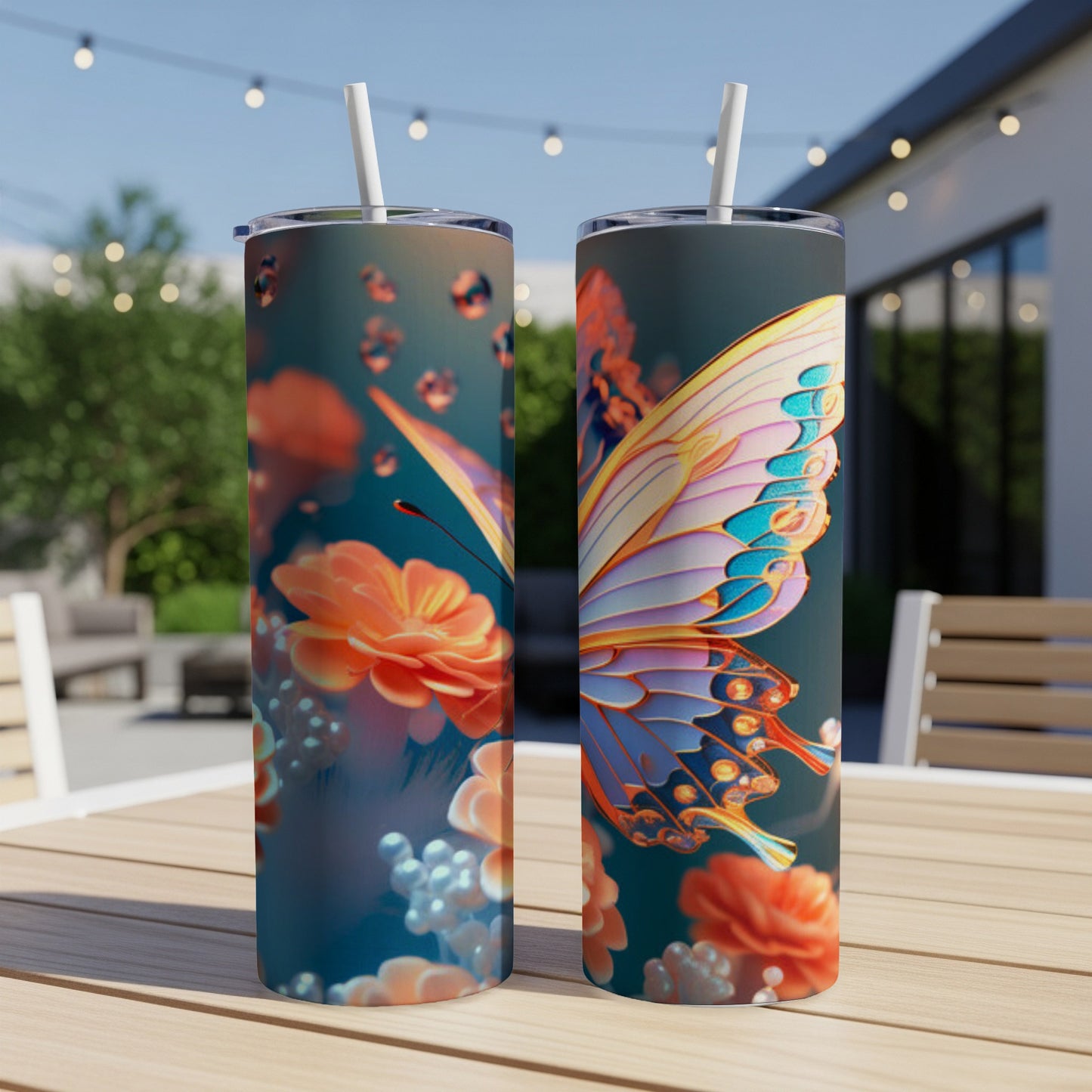 Two tumblers with vibrant butterfly and floral designs, set on a table.