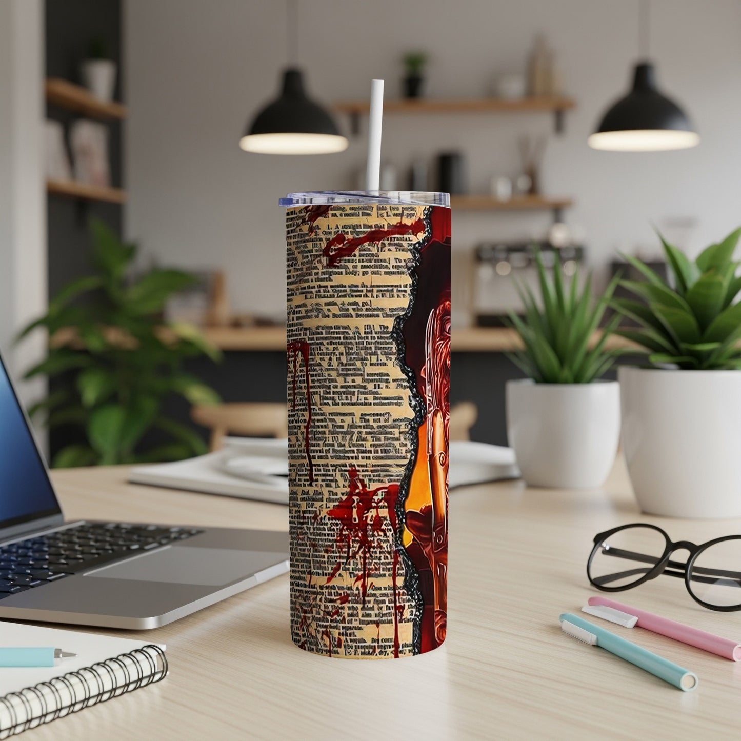 Tumbler with vintage text and blood splatter design.