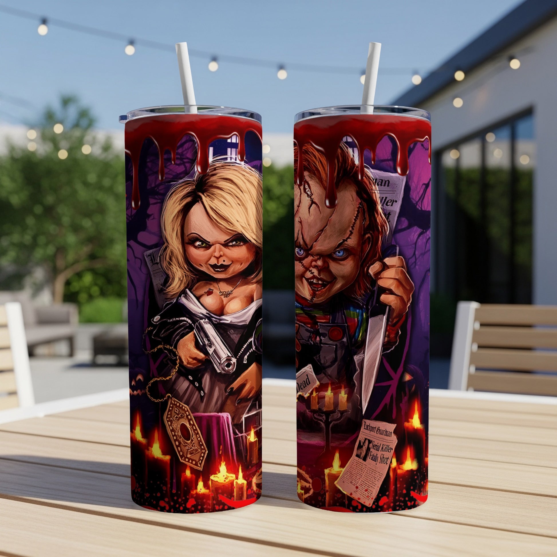 Two tumblers with Chucky and Tiffany, dripping blood design, and candles.