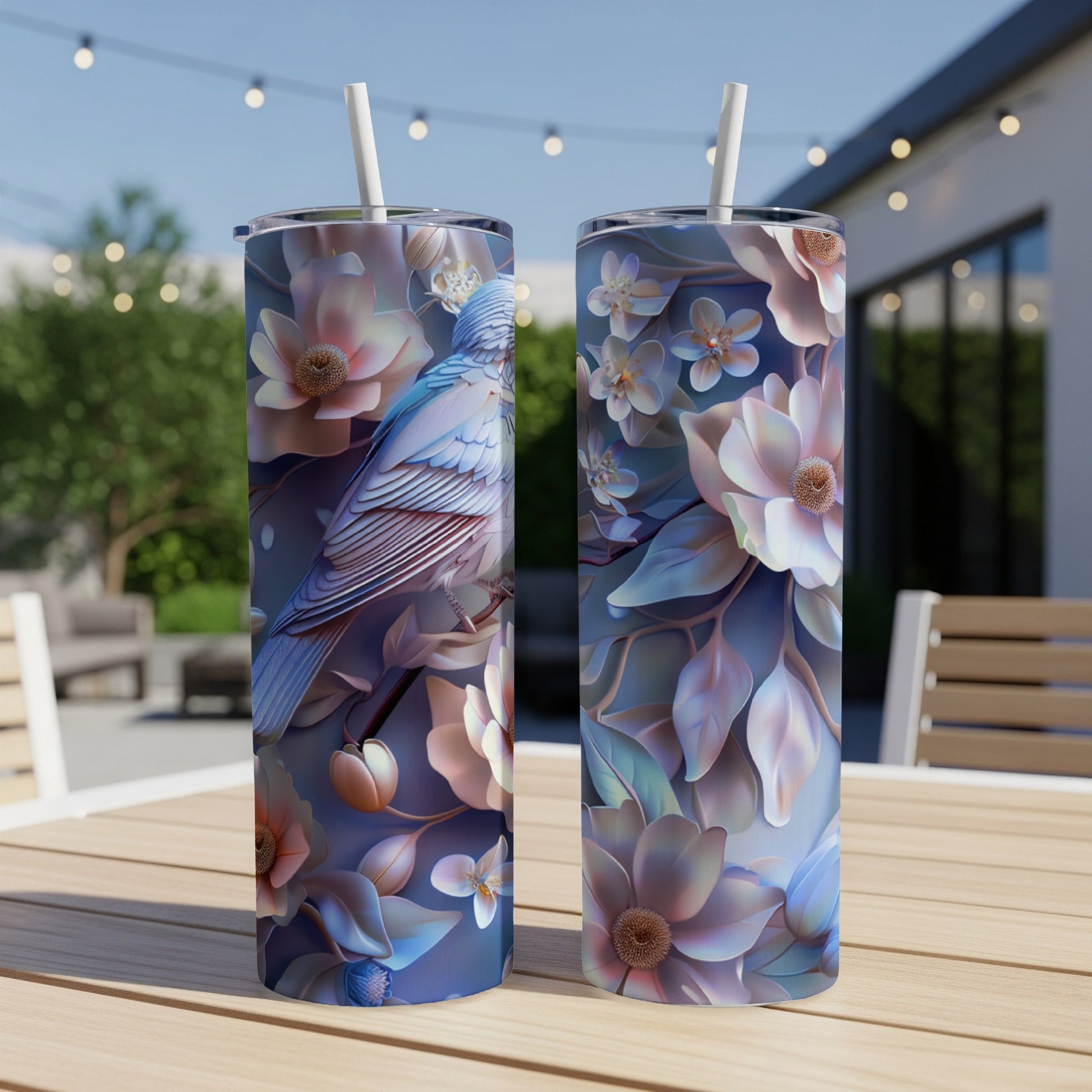 Two skinny tumblers with a blue bird and floral design on a table.