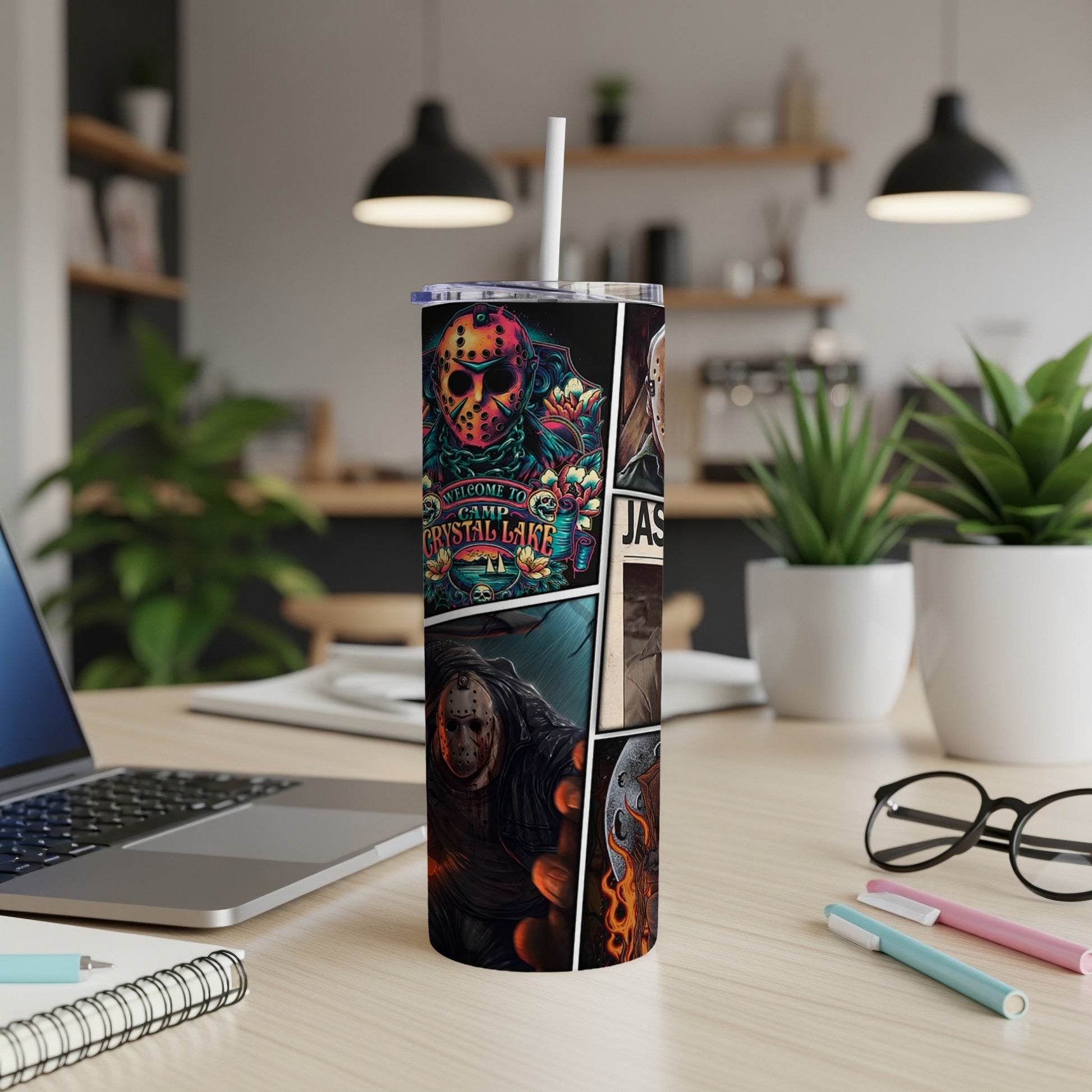 Tumbler with collage of Friday the 13th movie posters and Jason Voorhees.