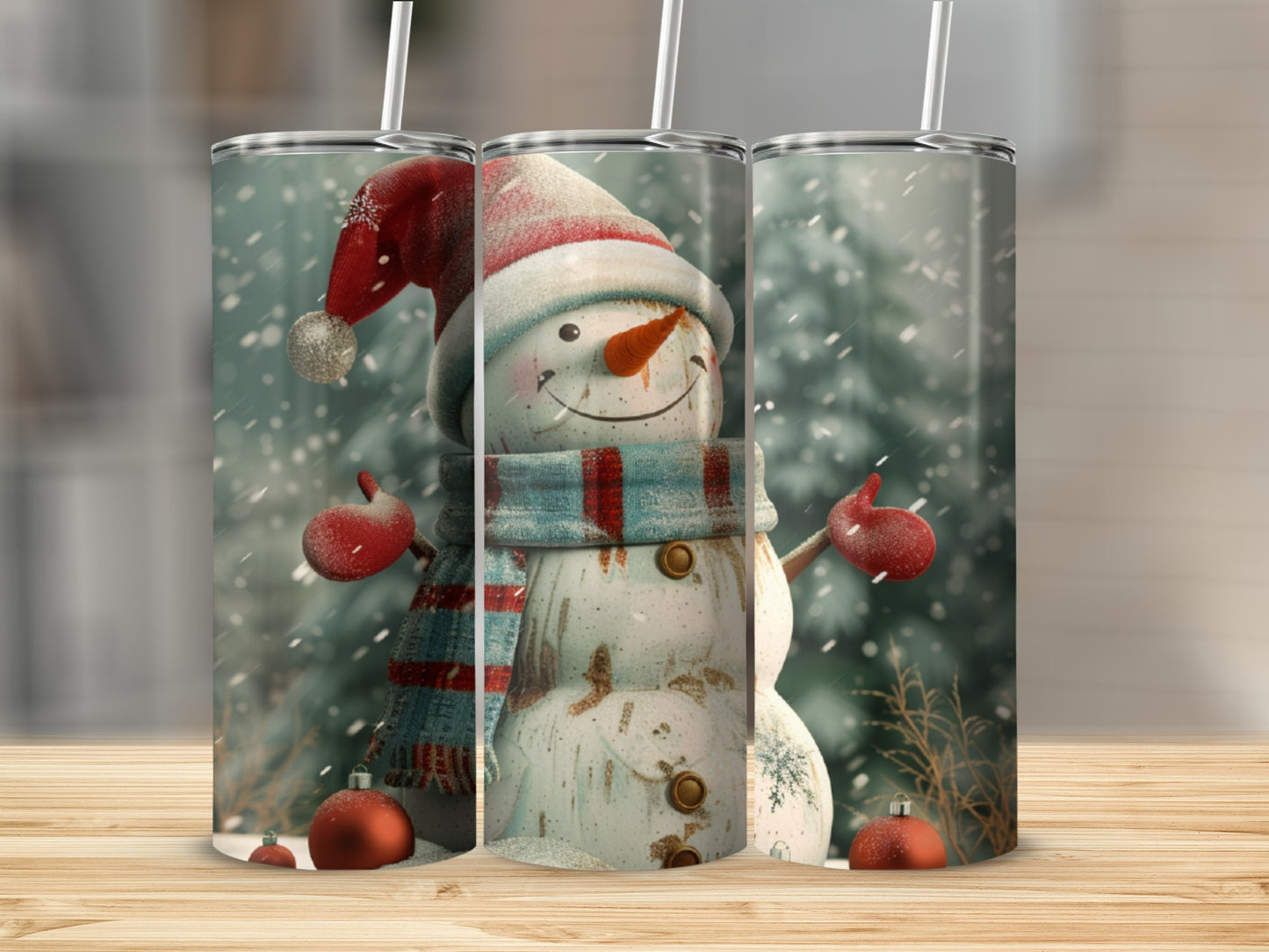 Three tumblers with a snowman graphic and snowfall background.
