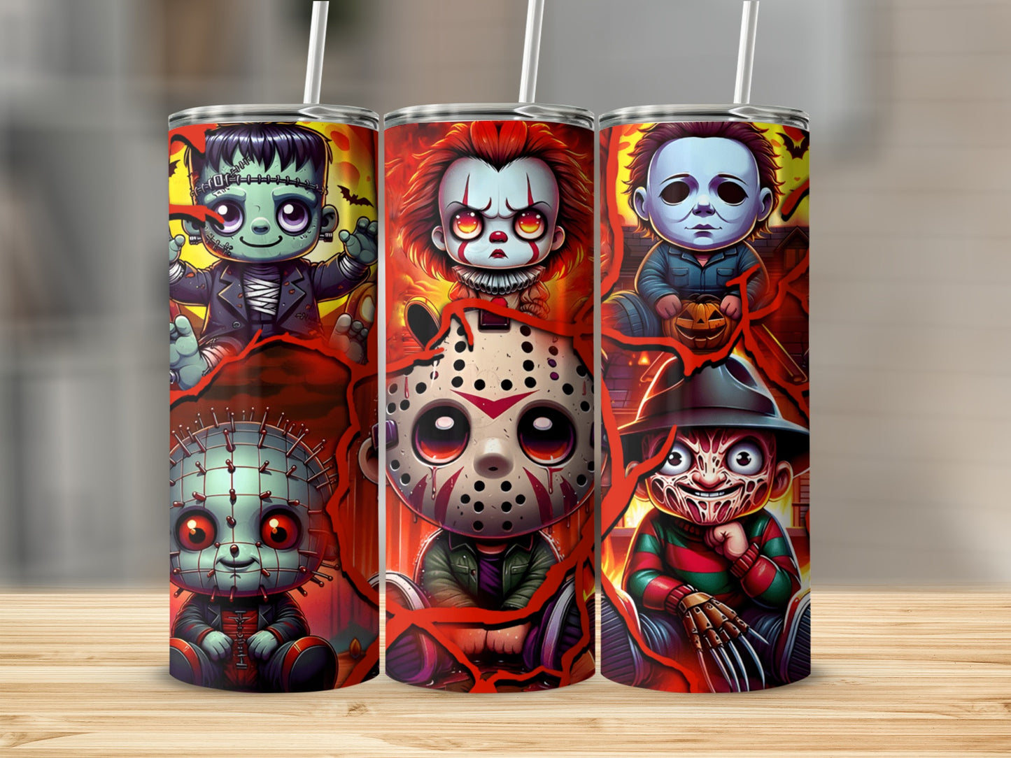 Cute chibi horror characters including Frankenstein, Pennywise, Michael Myers, Pinhead, Jason Voorhees, and Freddy Krueger.