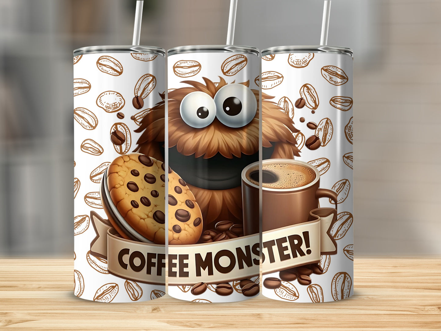 Coffee Monster Design with Cookie and Coffee Tumbler