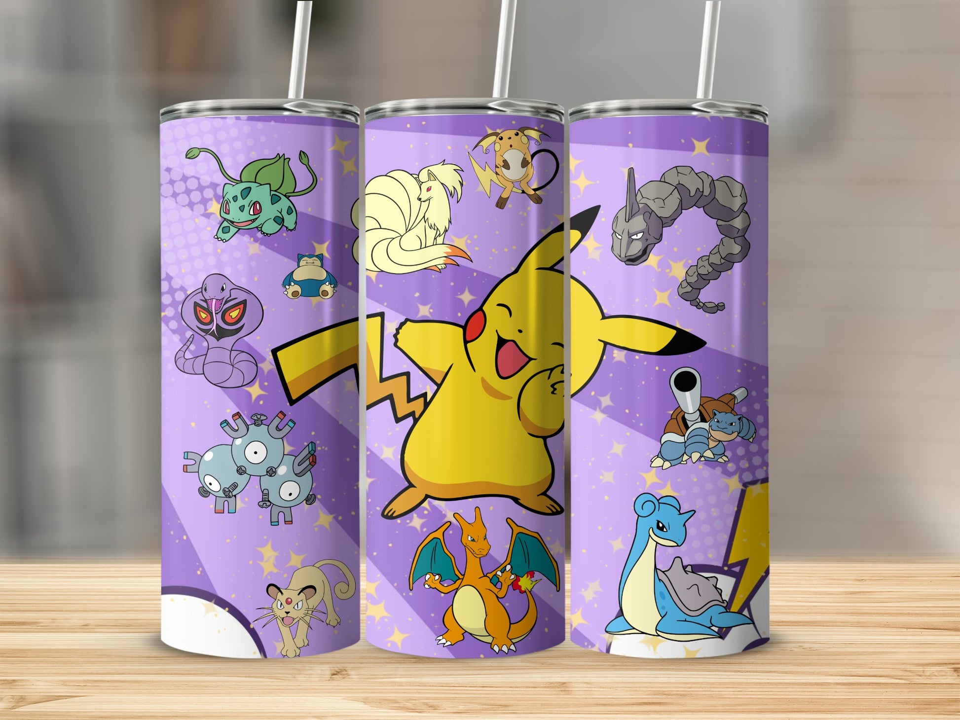 Vibrant Pikachu and Friends Design on Purple Tumbler