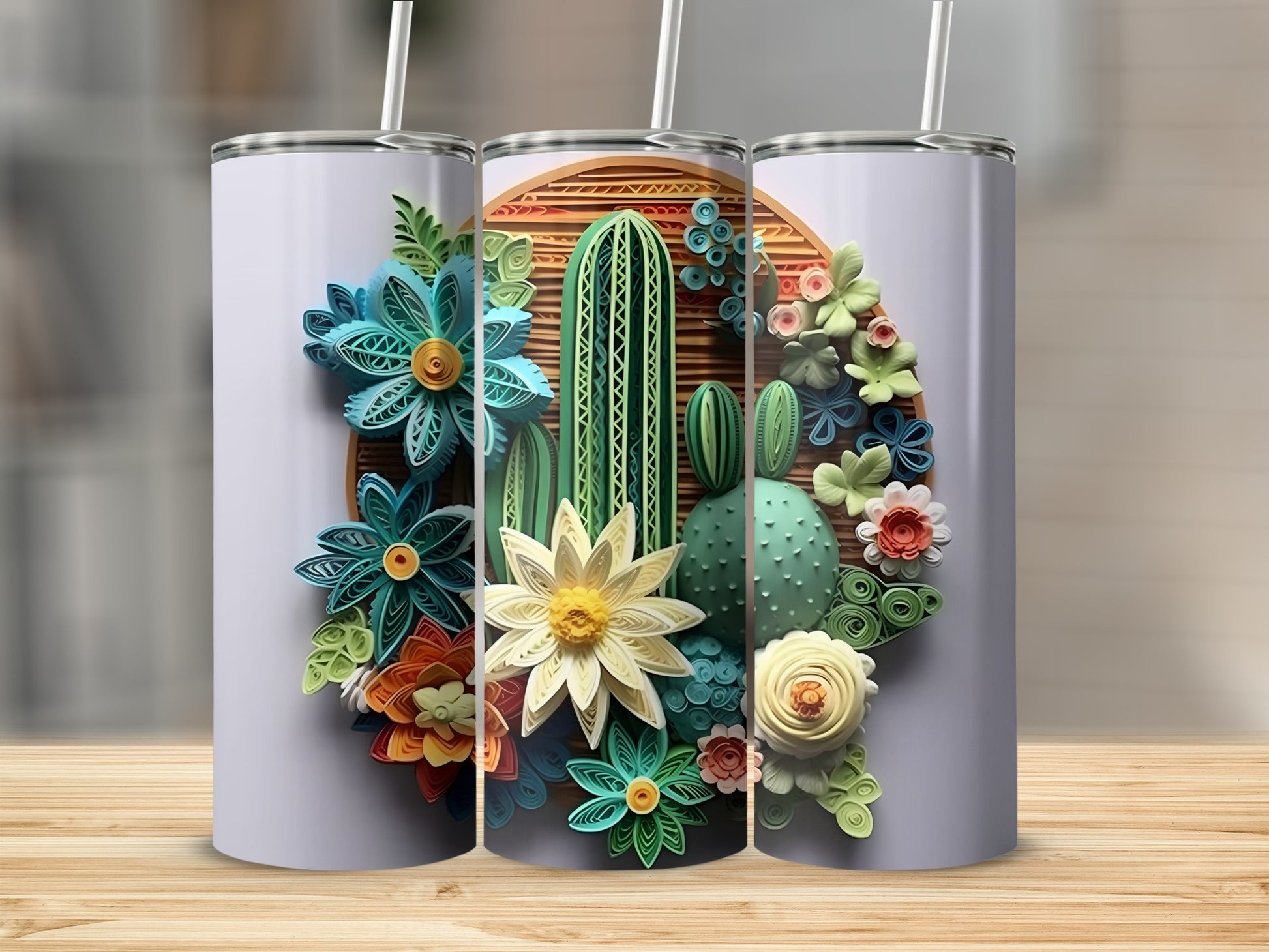 Colorful Cactus and Flowers Design Insulated Tumbler