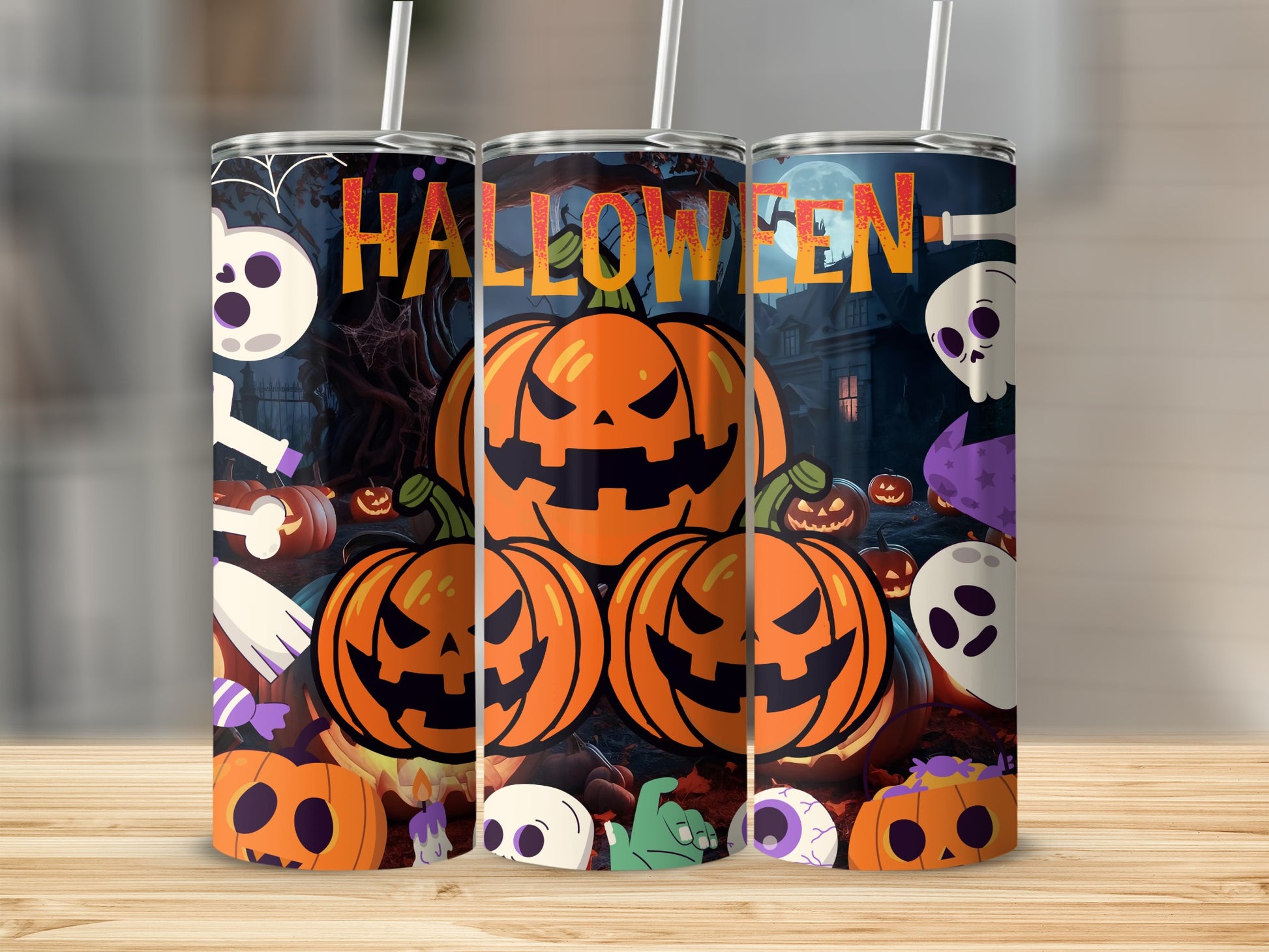 Vibrant Halloween Pumpkins and Skulls Tumbler